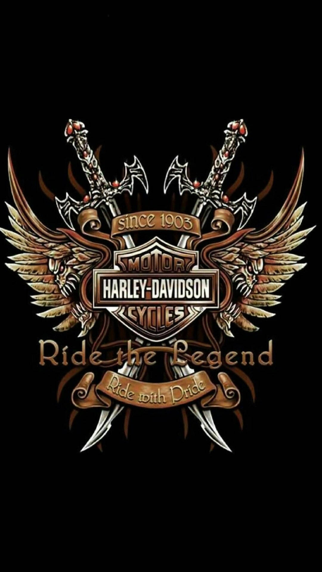 Harley 桌布 壁紙 — 哈雷戴維森標誌，帶有交叉的劍和翅膀，背景為黑色。