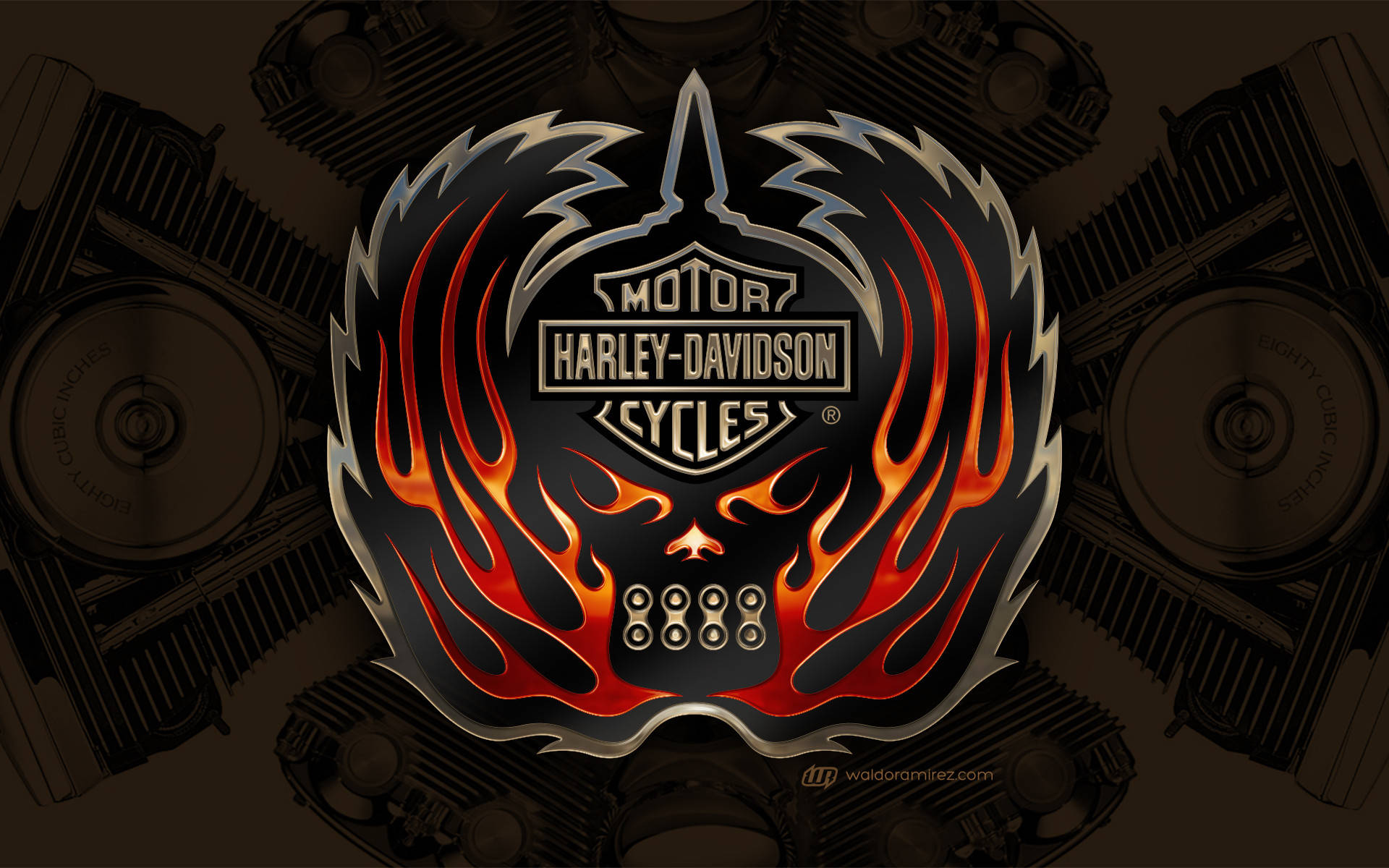 Harley 桌布 壁紙 — 哈雷戴維森標誌，帶有火焰和骷髏設計，背景為摩托車引擎。