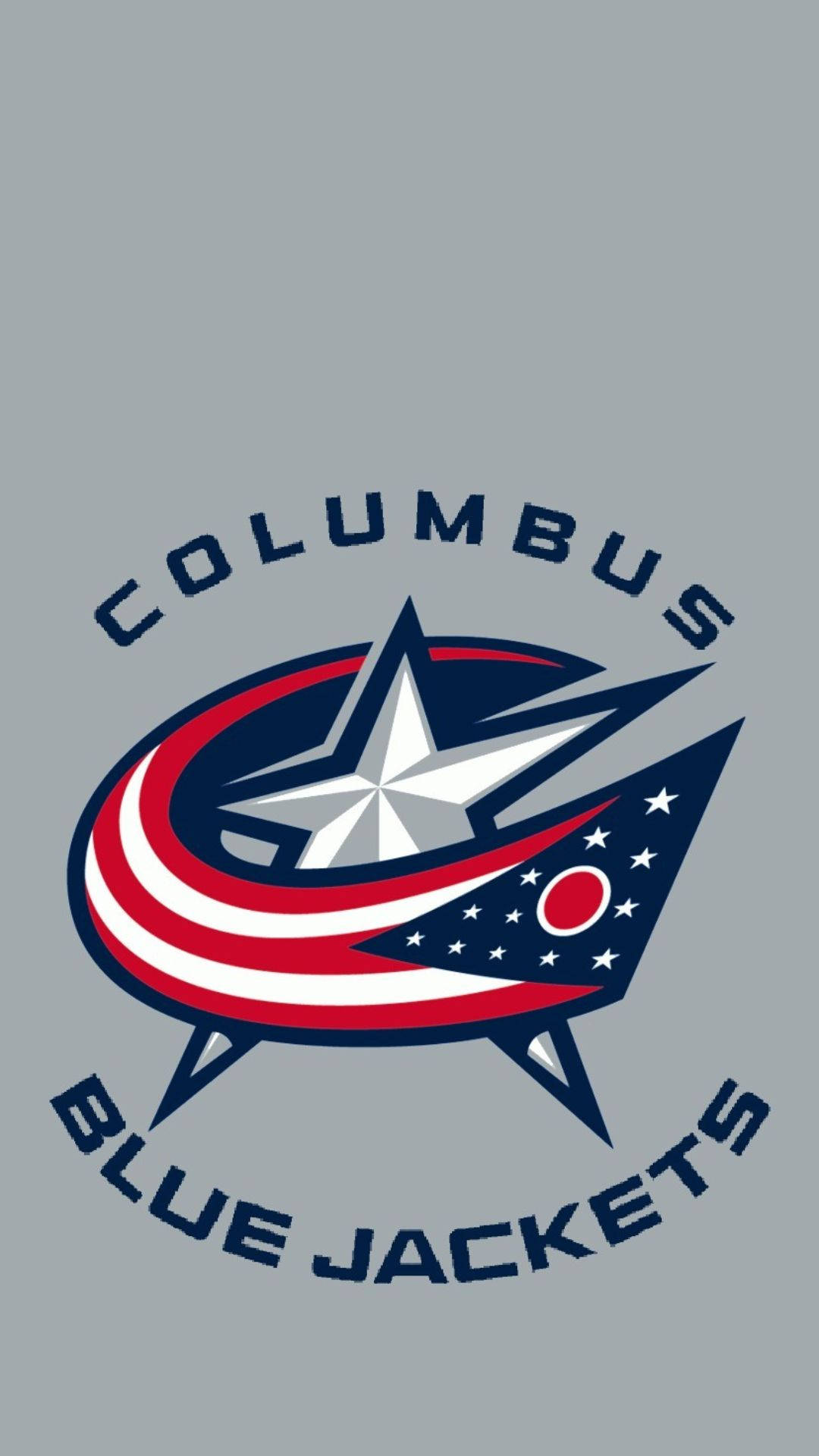 Columbus Blue Jackets 桌布 壁紙 — 哥倫布藍夾克隊標誌，帶有星星和紅白條紋，灰色背景。