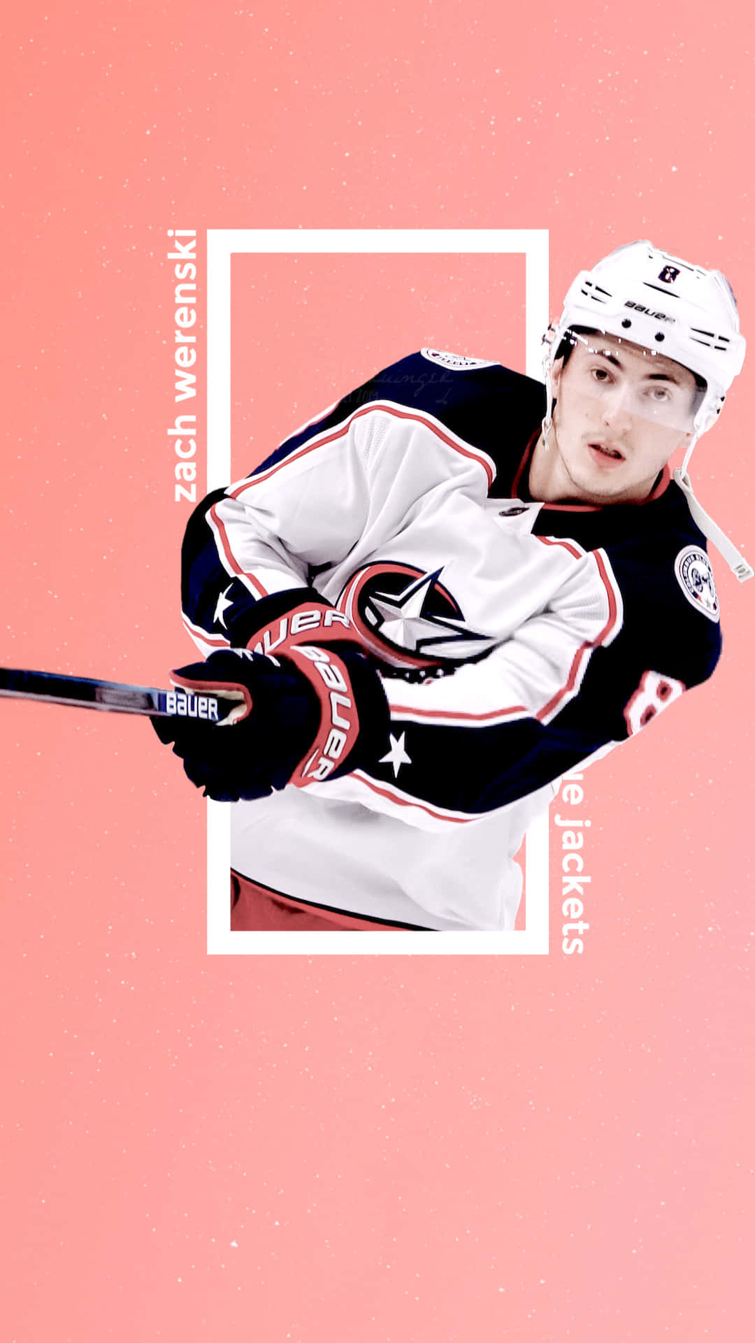 運動 桌布 壁紙 — 哥倫布藍夾克隊裝備的冰球運動員 Zach Werenski 在柔和粉紅色背景前準備好球桿。