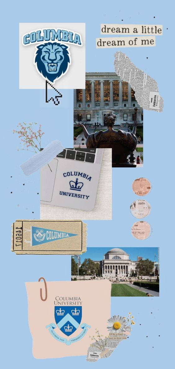 美學 桌布 壁紙 — 哥倫比亞大學紀念品拼貼畫，包括標誌、雕像和校園照片，排列在淺藍色背景上。