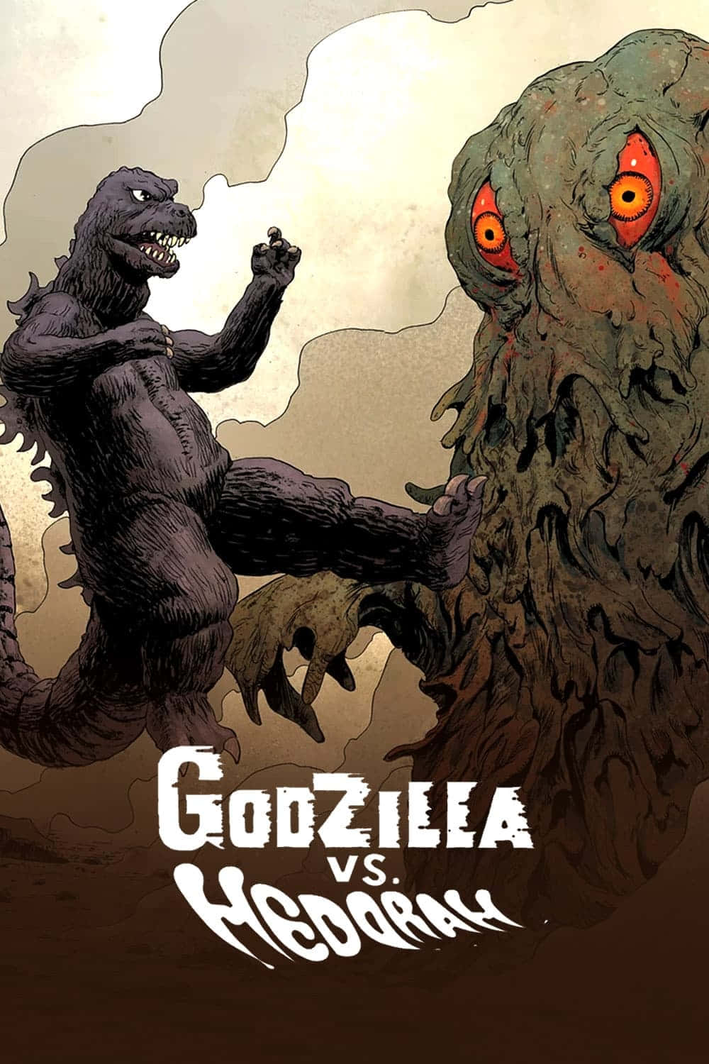 Godzilla Vs Hedorah 桌布 壁紙 — 哥吉拉以發光的紅眼撲向怪物赫多拉，呈現戲劇性的插畫戰鬥場景。