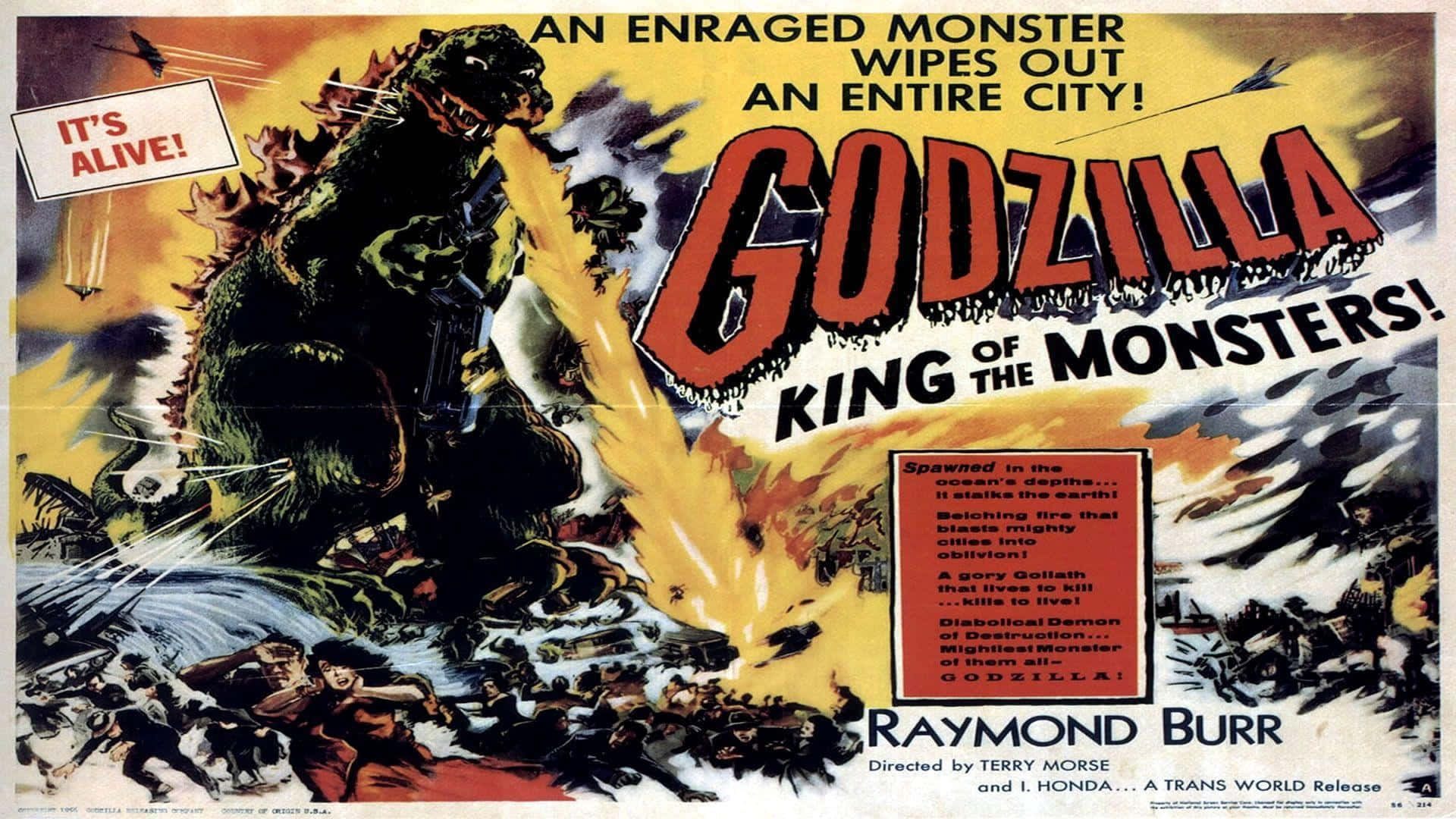Movie Poster 桌布 壁紙 — 哥吉拉咆哮著向城市景觀釋放原子火焰，在復古電影海報藝術中，以火熱的天空為背景形成剪影。