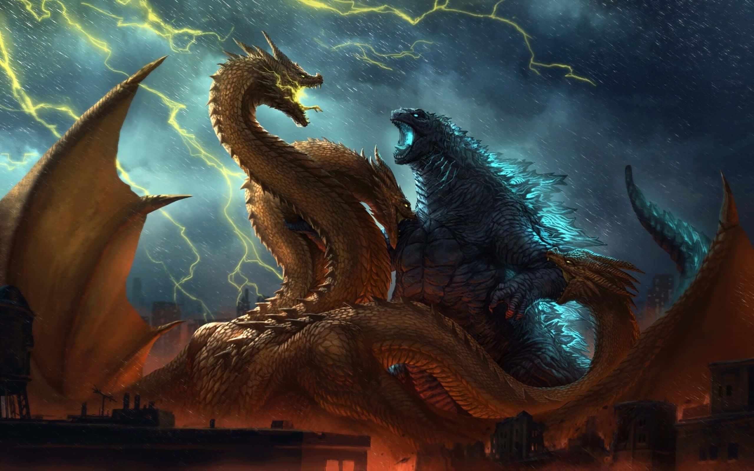 Monsterverse 桌布 壁紙 — 哥吉拉和一隻金龍在雷電交加的暴風雨中於廢墟城市上空交鋒。