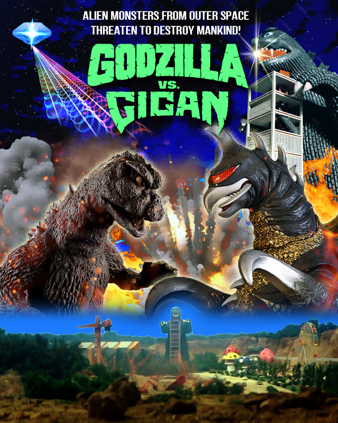 Godzilla Vs Gigan 桌布 壁紙 — 哥吉拉和蓋剛在星空下、外星光束和爆炸中，於熾熱的城市戰場上激烈交鋒。