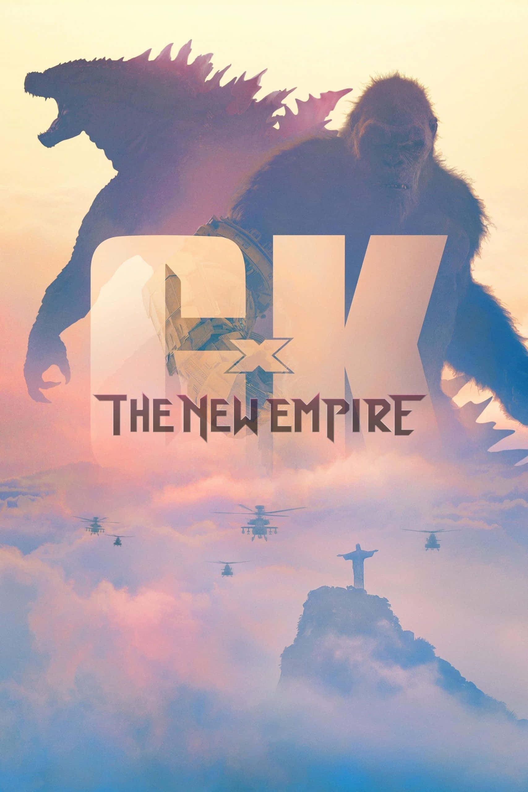 Godzilla X Kong The New Empire 桌布 壁紙 — 哥吉拉和金剛站在里約熱內盧上空的雲層上，下方有直升機飛過，基督像清晰可見。