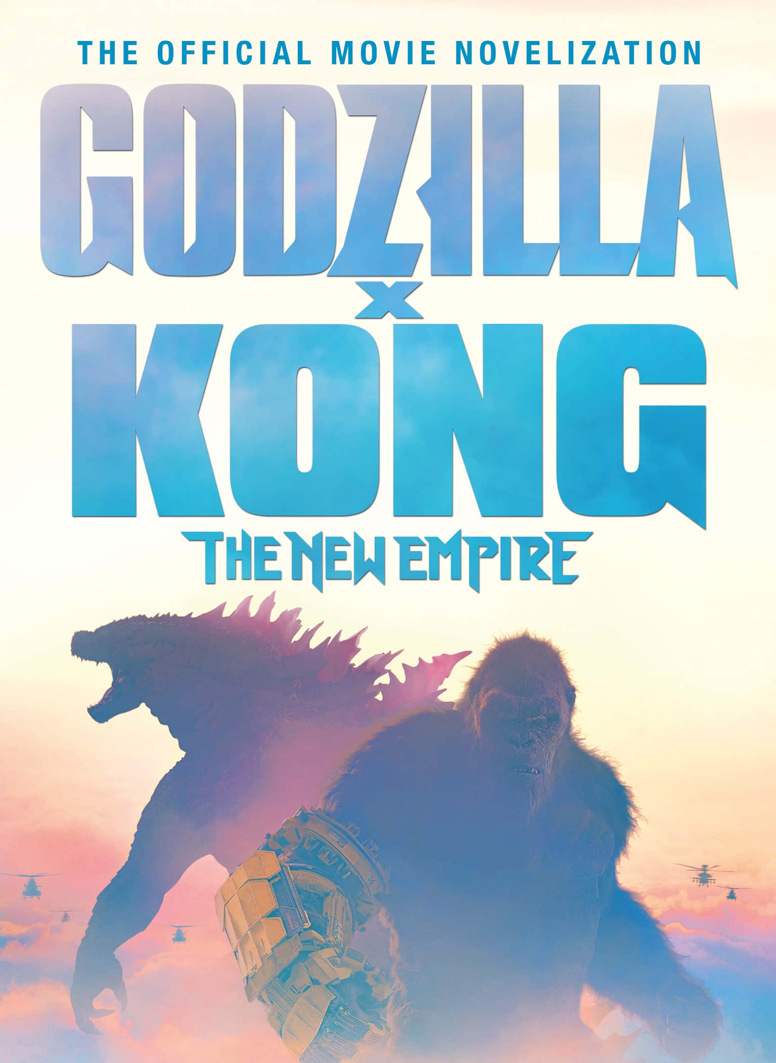 Godzilla X Kong The New Empire 桌布 壁紙 — 哥吉拉和金剛背對著粉橙色天空站立，直升機在下方飛行。