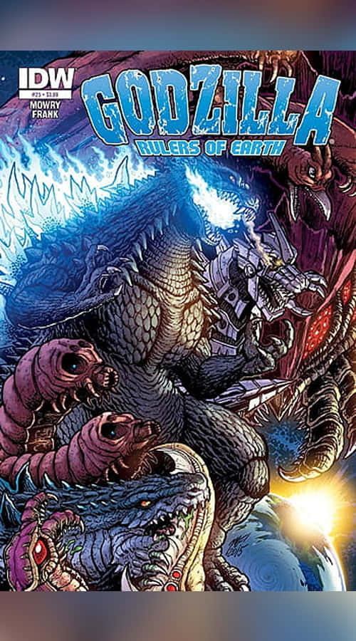Godzilla Comic 桌布 壁紙 — 哥吉拉在一個動態的漫畫書封面上與多個怪獸戰鬥，伴有熾熱的爆炸和戲劇性的燈光。