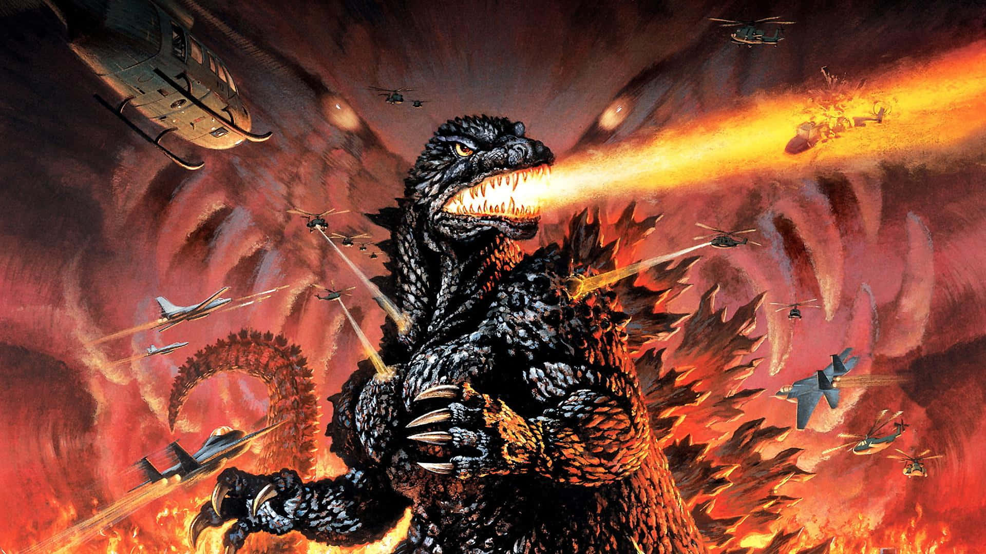 Burning Godzilla 桌布 壁紙 — 哥吉拉在充滿戰鬥機和直升機的混亂天空中咆哮並噴火。