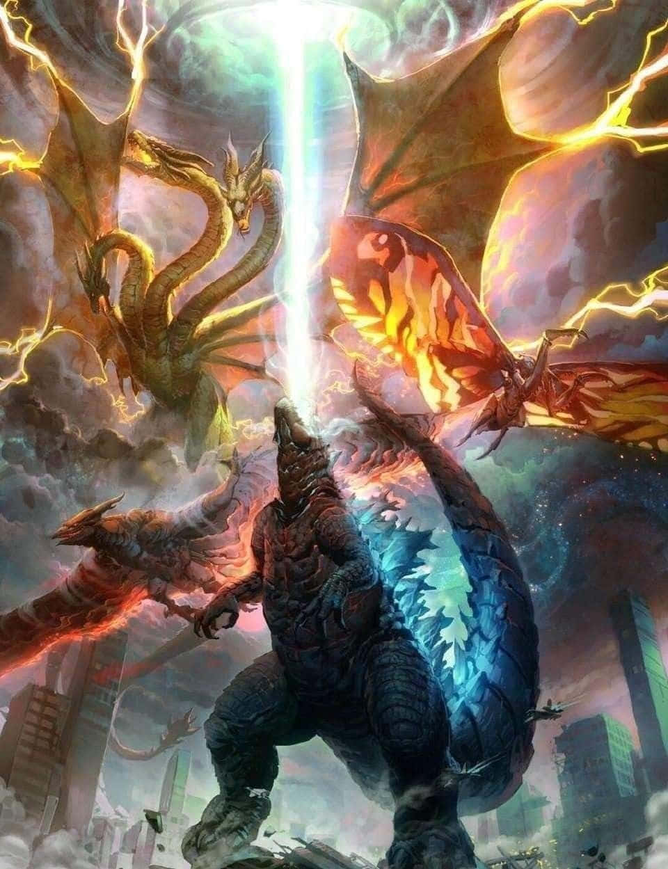 Kaiju 桌布 壁紙 — 哥吉拉在城市景觀中與多個怪獸戰鬥，閃電和能量光束照亮了混亂的天空。