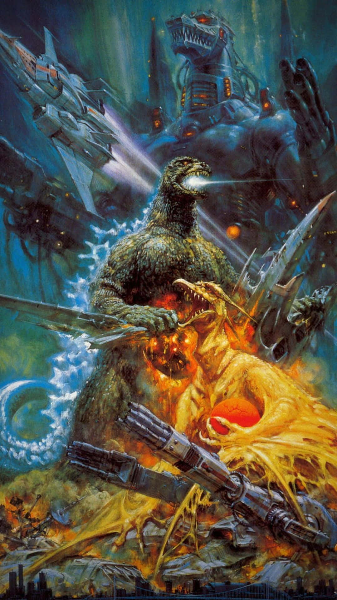 Godzilla Vs Mechagodzilla 桌布 壁紙 — 哥吉拉在墜落的太空船和巨型機械怪獸中，與火焰怪物戰鬥的混亂夜空。