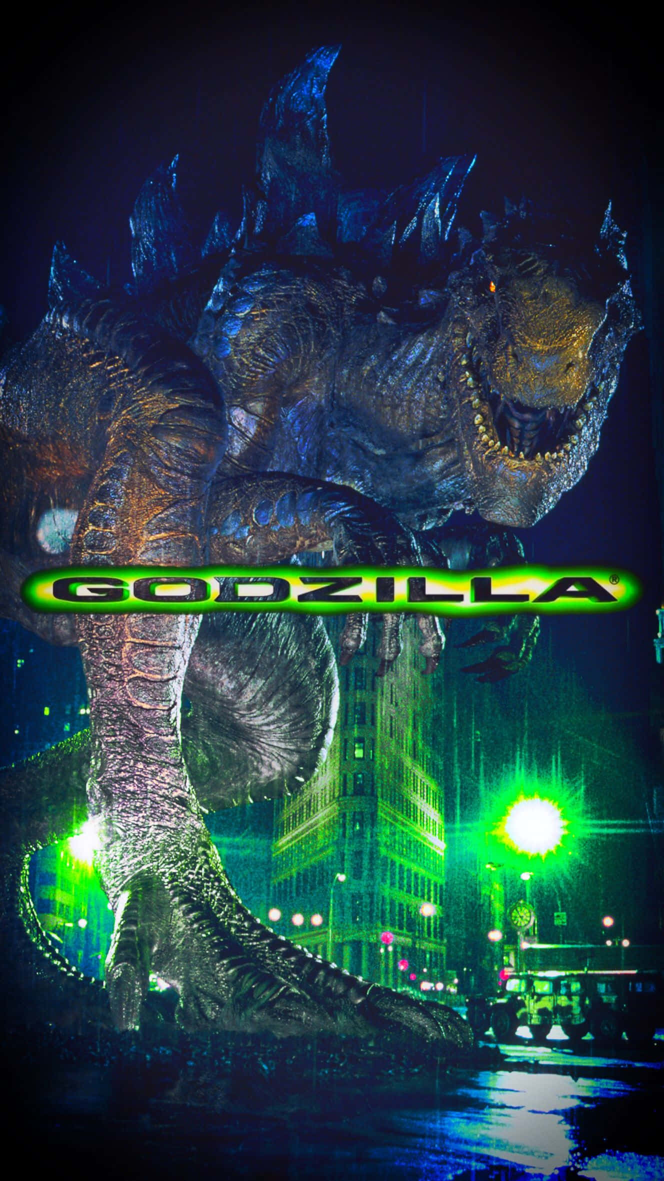 godzilla 1998 桌布 壁紙 — 哥吉拉在夜晚霓虹燈閃爍的城市上空聳立，潮濕的街道上反射著發光的綠色燈光。