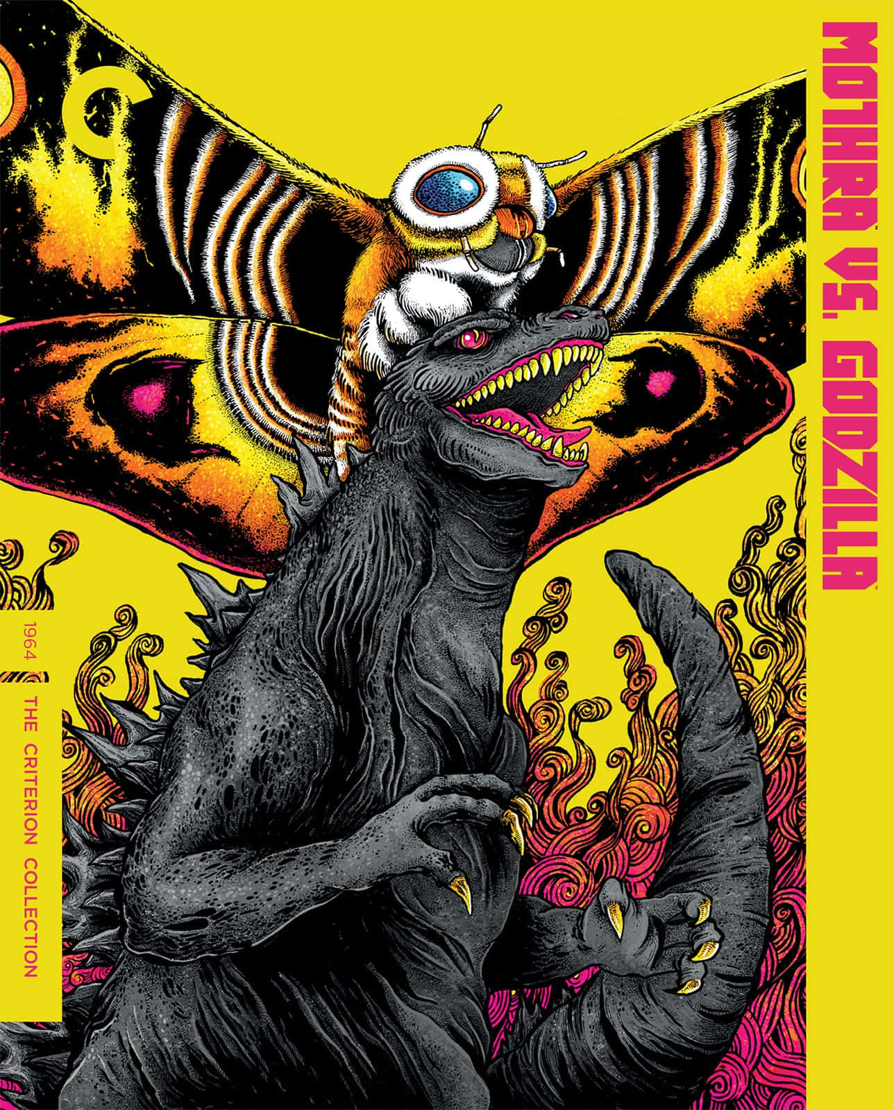 Godzilla Vs Mothra 桌布 壁紙 — 哥吉拉在帶有條紋翅膀和單一發光眼睛的巨型飛蛾下方咆哮，背景為鮮黃色。