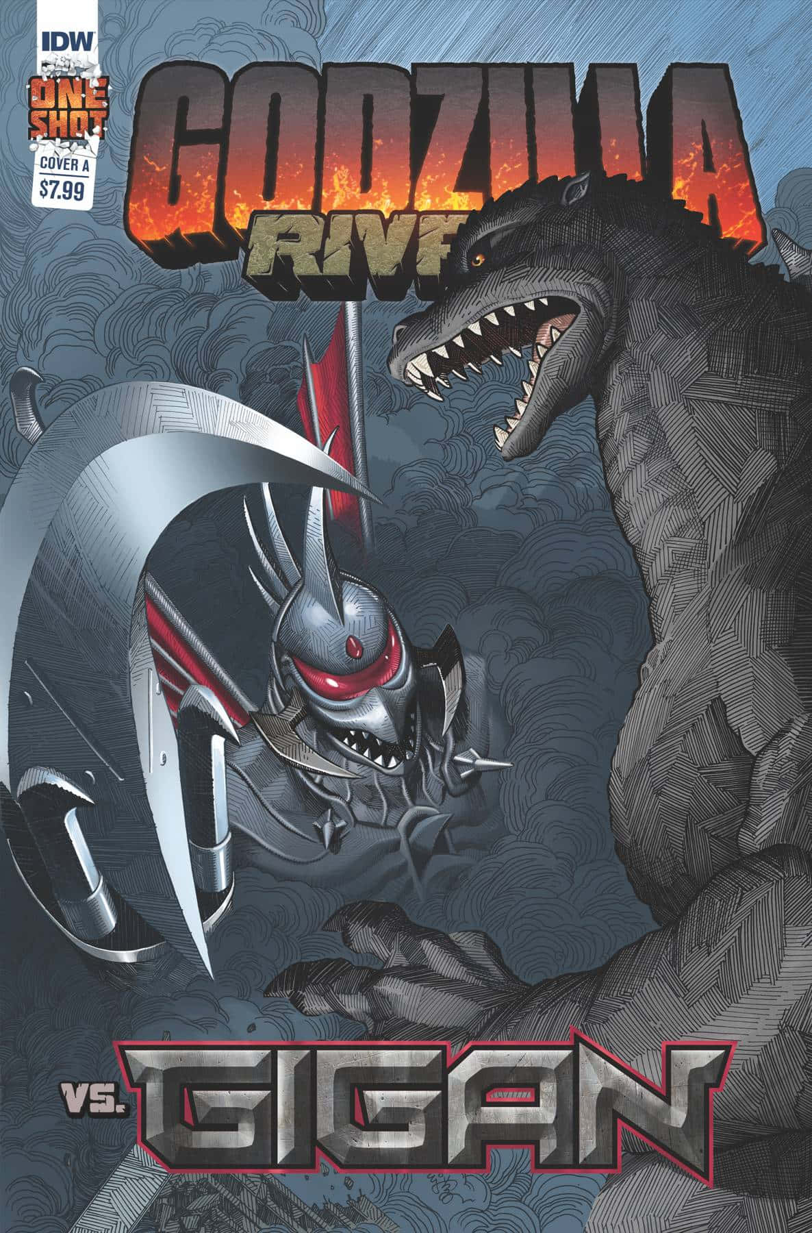 Godzilla Vs Gigan 桌布 壁紙 — 哥吉拉在戲劇性的漫畫書封面上對戰蓋剛，帶有火熱的標題文字和暴風雨的海浪。