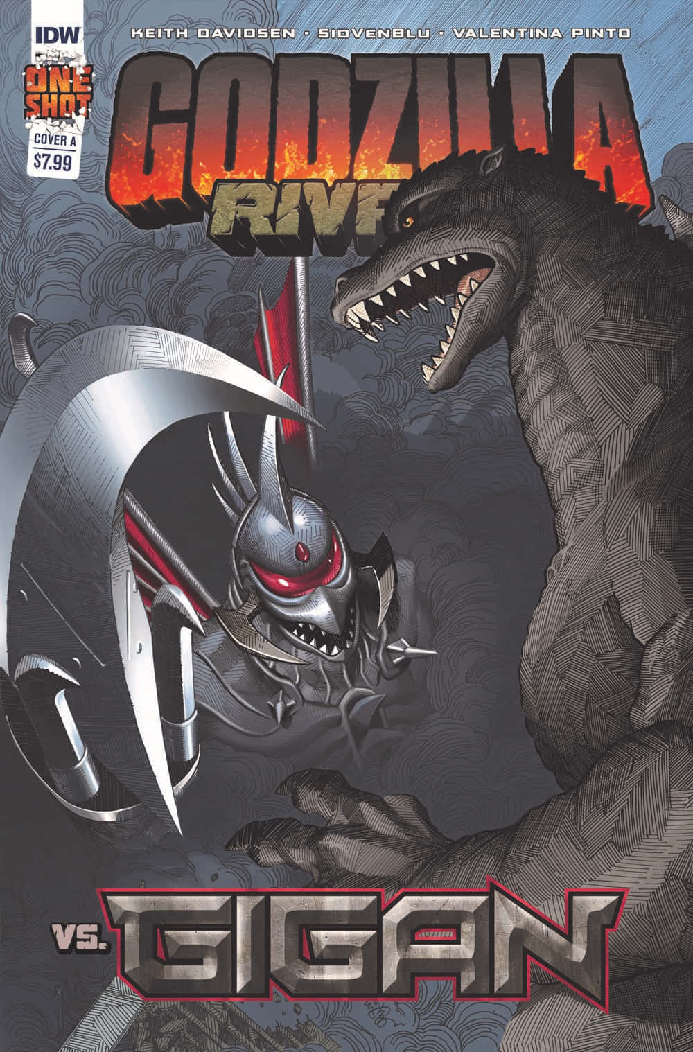 Godzilla Vs Gigan 桌布 壁紙 — 哥吉拉在戲劇性的漫畫書封面上與蓋剛對峙，帶有火焰般的文字和黑暗的暴風雲。