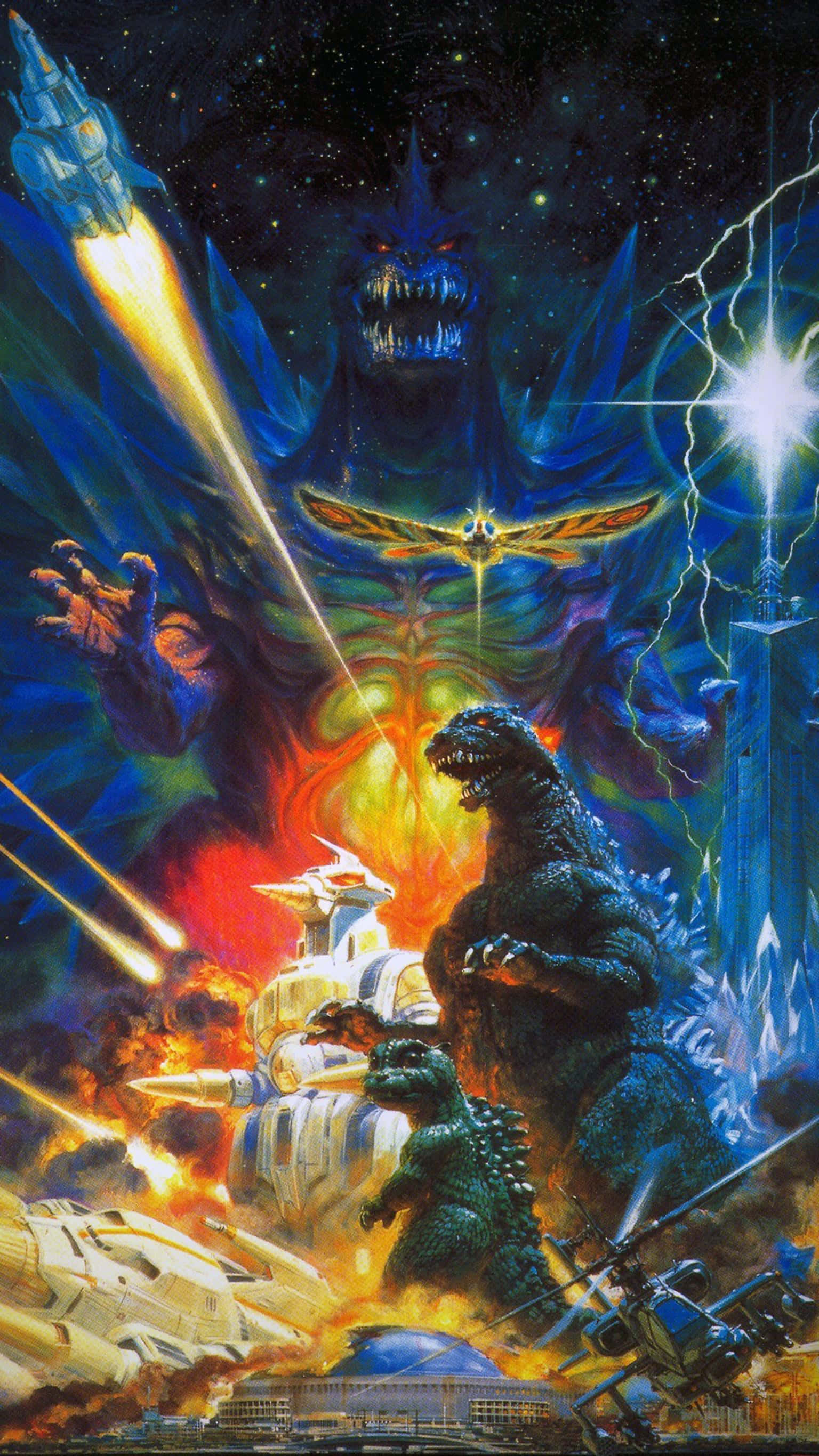 Godzilla 2000 桌布 壁紙 — 哥吉拉在星空下，於熾熱爆炸和宇宙閃電中與巨型怪物和太空船戰鬥。