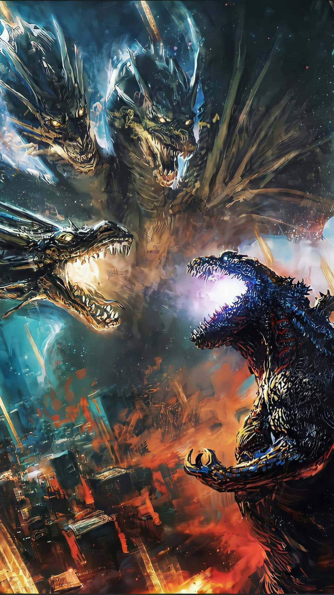 Godzilla Vs King Ghidorah 桌布 壁紙 — 哥吉拉在星空下燃燒的城市景觀中與三條巨龍戰鬥。