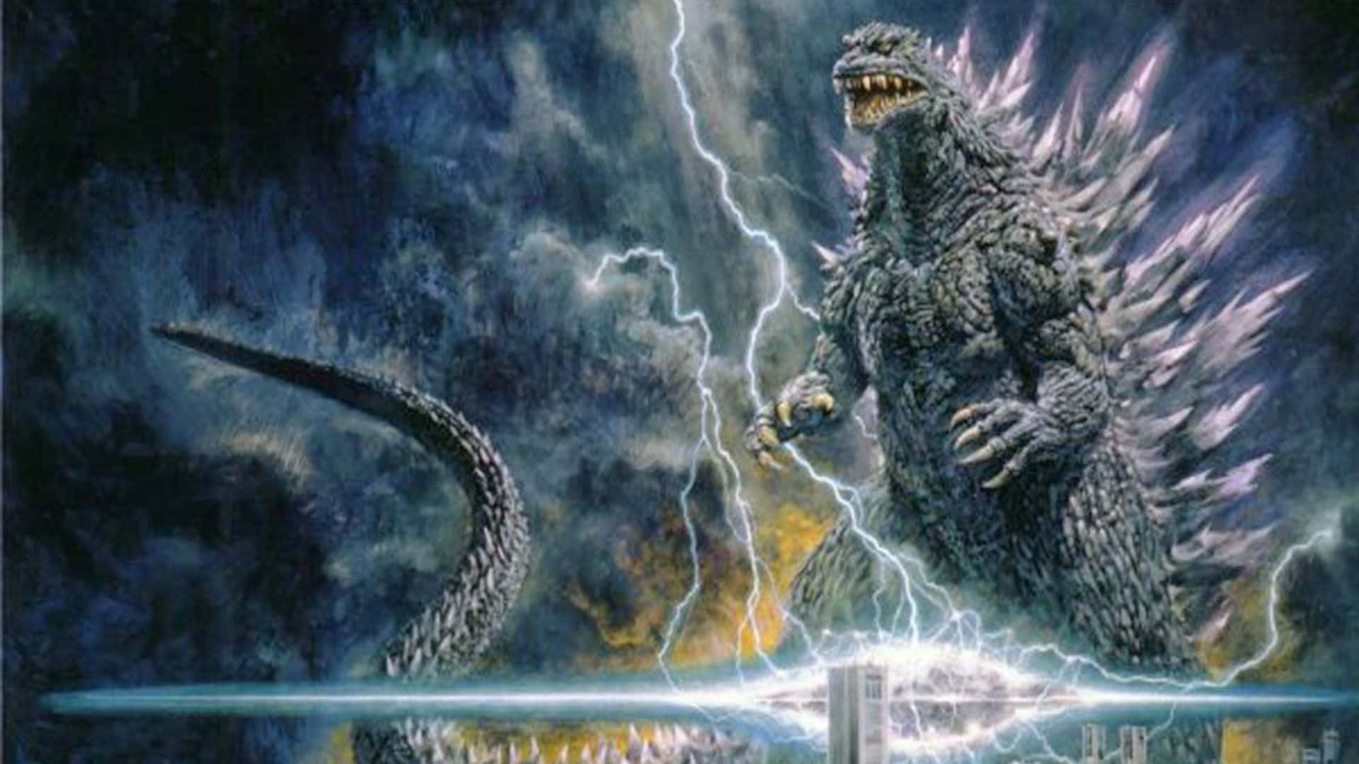 Godzilla 2000 桌布 壁紙 — 哥吉拉在暴風雨的天空下咆哮，閃電擊中其帶刺的背部和尾巴，籠罩城市景觀。