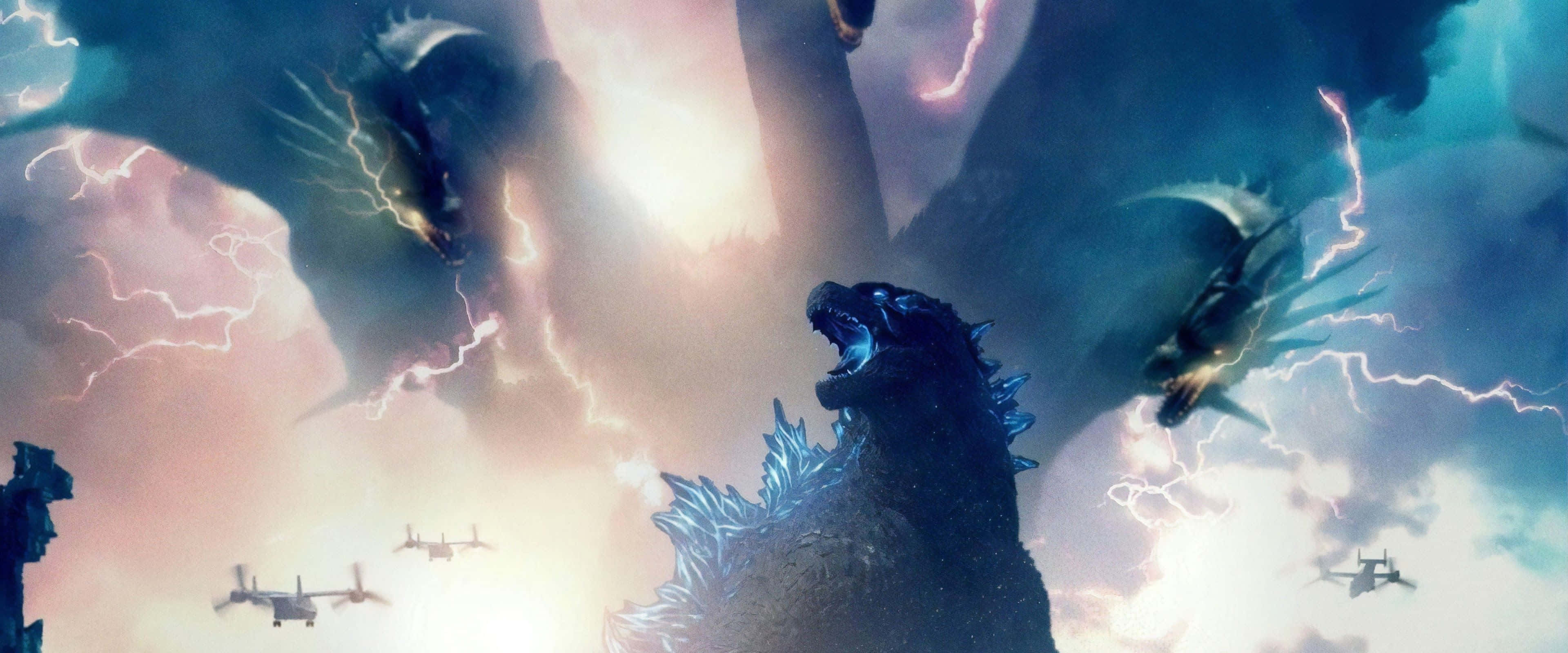 King Ghidorah 桌布 壁紙 — 哥吉拉在暴風雨的天空下咆哮，閃電擊中飛行的無人機和其他怪獸，營造出電影般的戰鬥場景。
