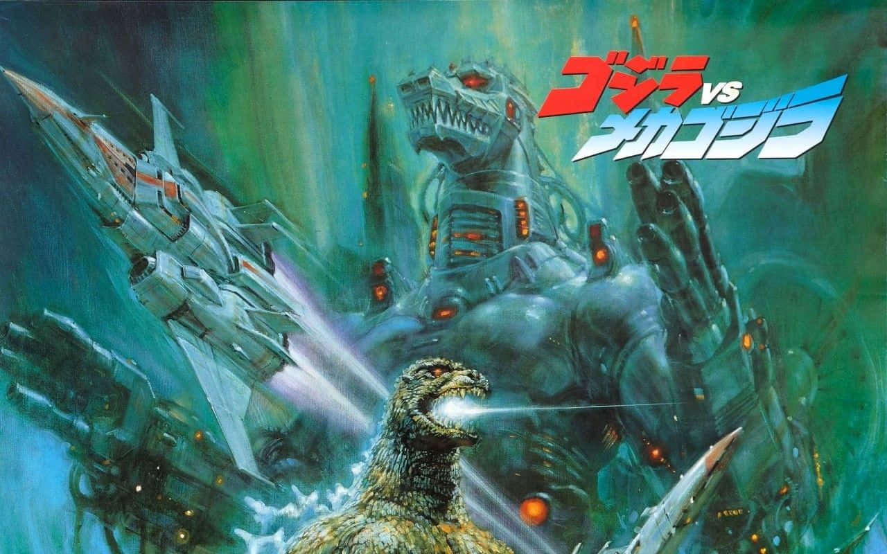 Classic Godzilla 桌布 壁紙 — 哥吉拉在暴風雨般的綠色天空下與機械哥吉拉戰鬥，戰鬥機發射光束。