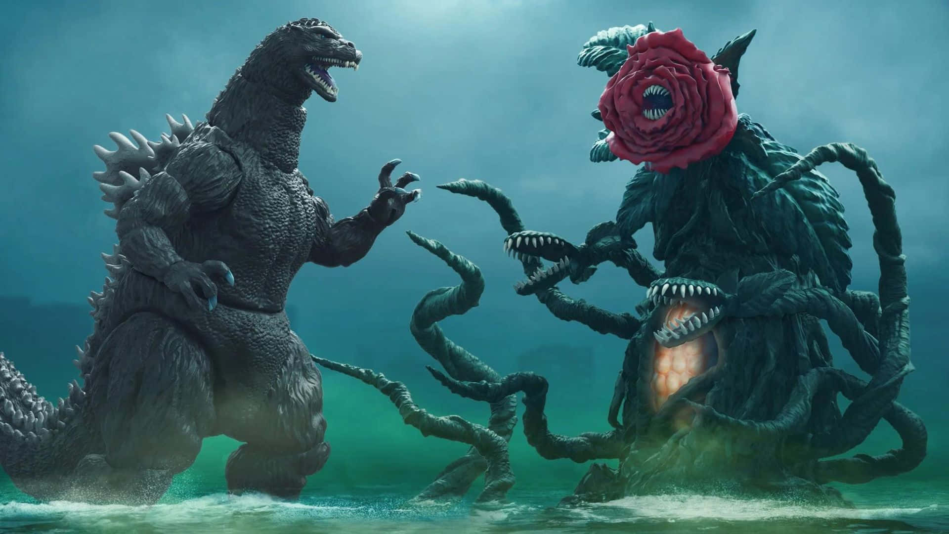 Godzilla Vs Biollante 桌布 壁紙 — 哥吉拉在渾濁的綠色水中向一個帶有觸手的玫瑰頭怪物咆哮。
