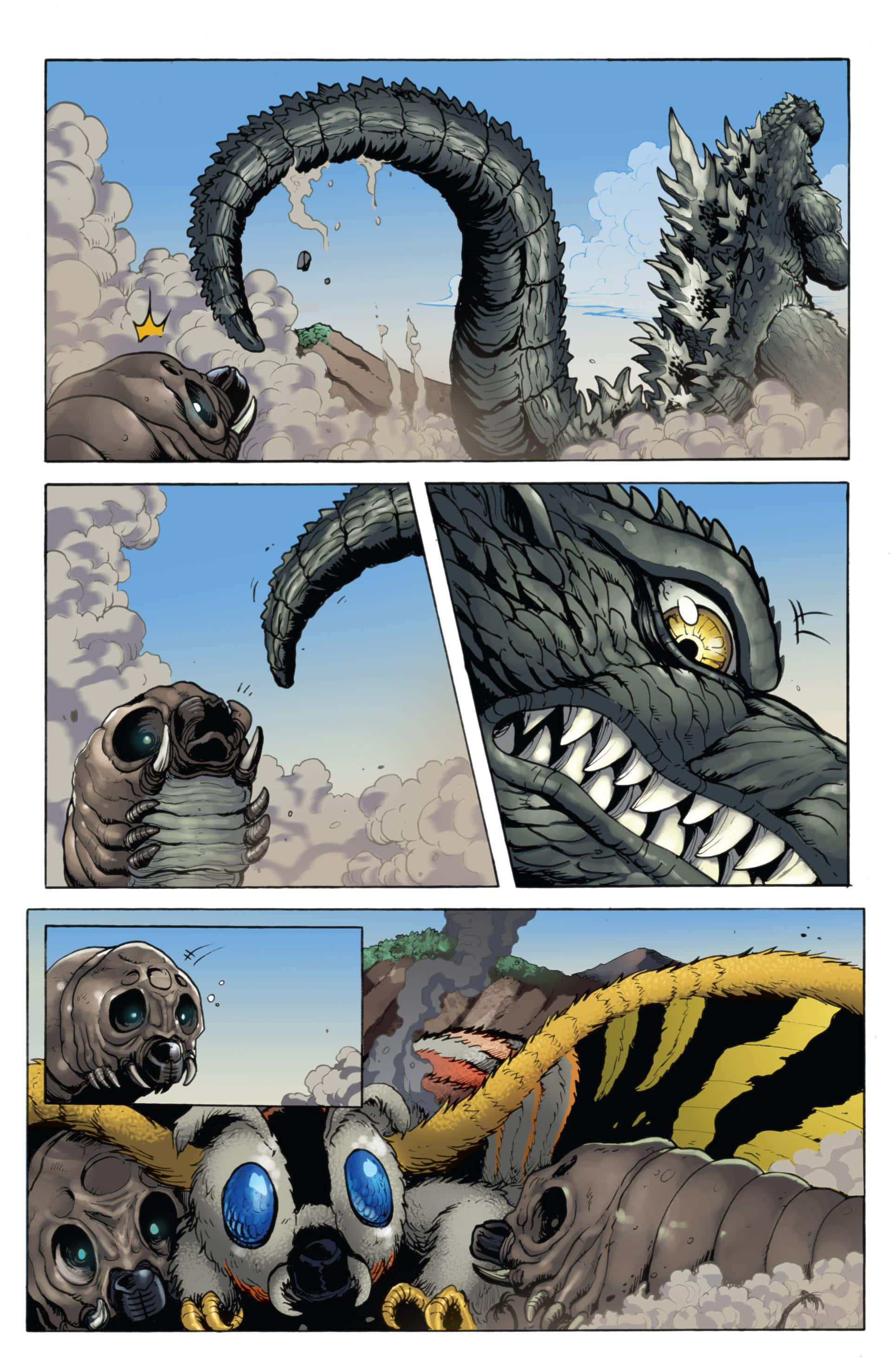 Godzilla Vs Mothra 桌布 壁紙 — 哥吉拉在漫畫格中與巨型蠕蟲戰鬥，伴有煙霧和戲劇性的特寫鏡頭。