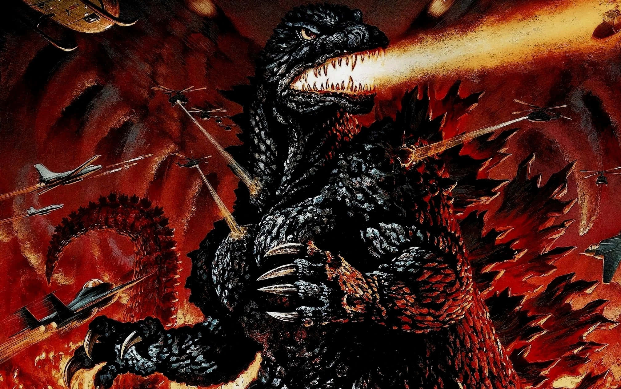 Godzilla 2000 桌布 壁紙 — 哥吉拉在火紅的天空中咆哮並噴火，戰鬥機和直升機在他周圍攻擊。