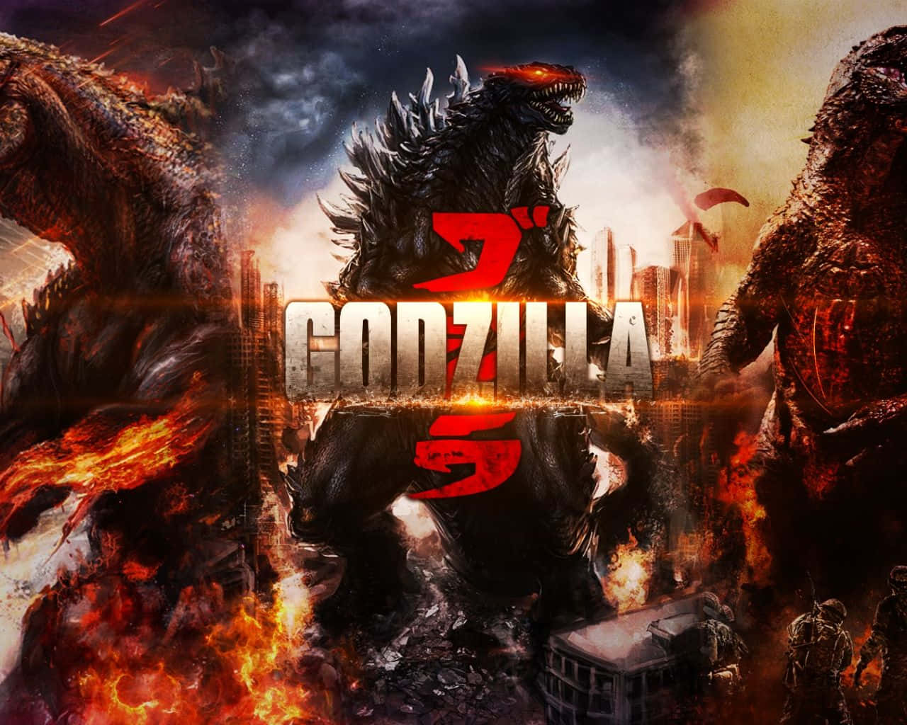 Godzilla Art 桌布 壁紙 — 哥吉拉在烈焰毀滅中咆哮，兩隻怪獸在暴風雨天空下燃燒的城市景觀上戰鬥。