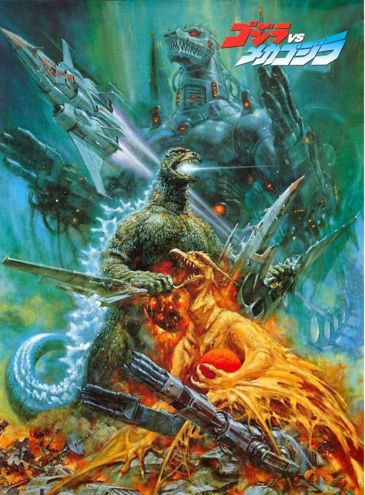 Classic Godzilla 桌布 壁紙 — 哥吉拉在熾熱爆炸和飛行的戰鬥機中與機械哥吉拉戰鬥的戲劇性動畫電影海報。