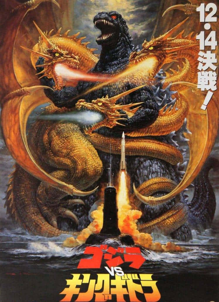 Classic Godzilla 桌布 壁紙 — 哥吉拉在熾熱的潛艇發射上空與三條金龍戰鬥，一幅戲劇性的日本怪獸電影海報。