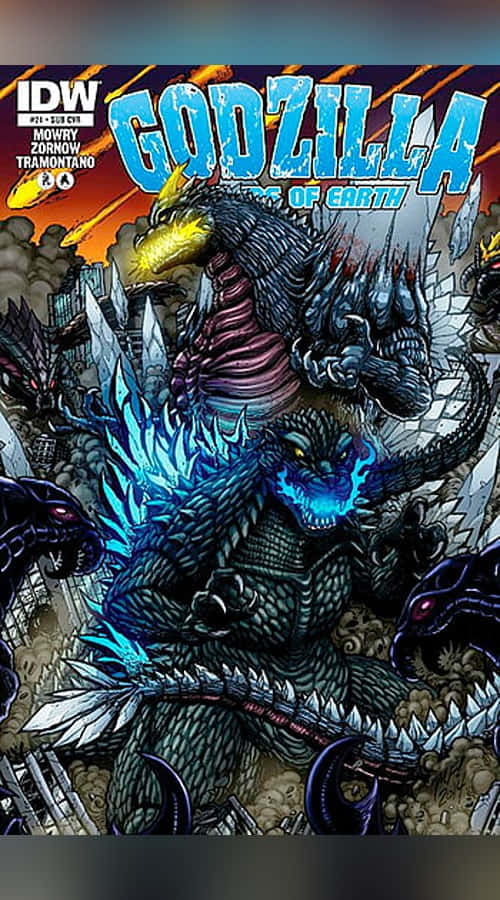 Godzilla Comic 桌布 壁紙 — 哥吉拉在破碎的摩天大樓之間與怪獸戰鬥，天空是火熱的橙色。