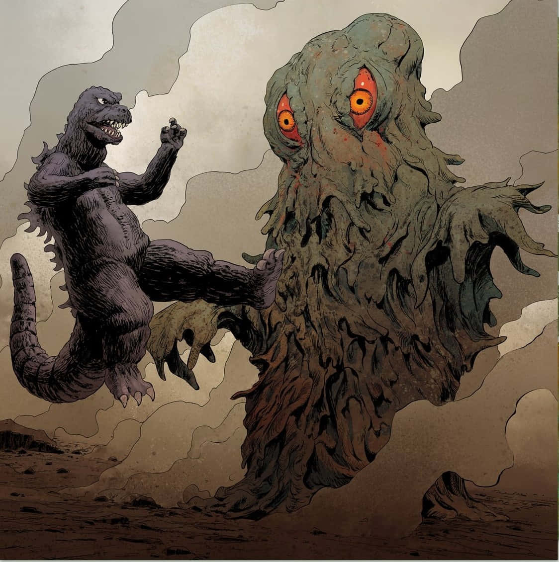 Godzilla Vs Hedorah 桌布 壁紙 — 哥吉拉在荒涼煙霧瀰漫的荒野中，撲向一個長滿苔蘚、眼睛發出橙色光芒的怪獸。