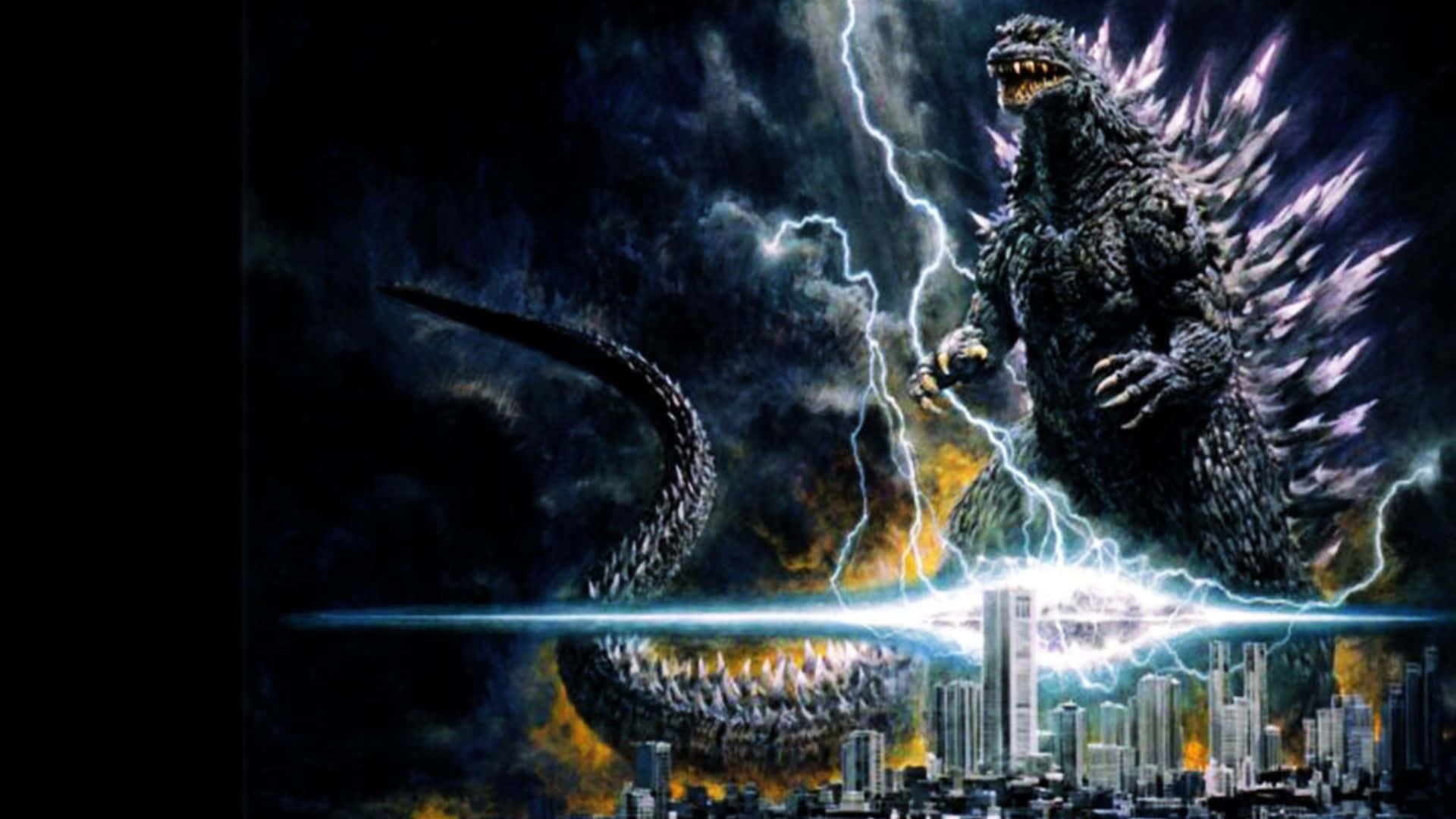 Godzilla 2000 桌布 壁紙 — 哥吉拉在閃電中咆哮，背景是燃燒的城市天際線，一道發光的藍色能量光束劃破天空。