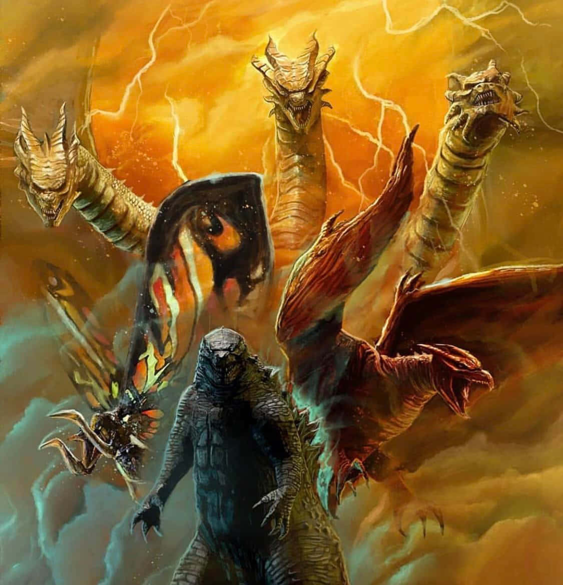 Monsterverse 桌布 壁紙 — 哥吉拉在雷電交加、烏雲翻滾的暴風雨中，挑釁地面對三頭怪獸級卡美拉。