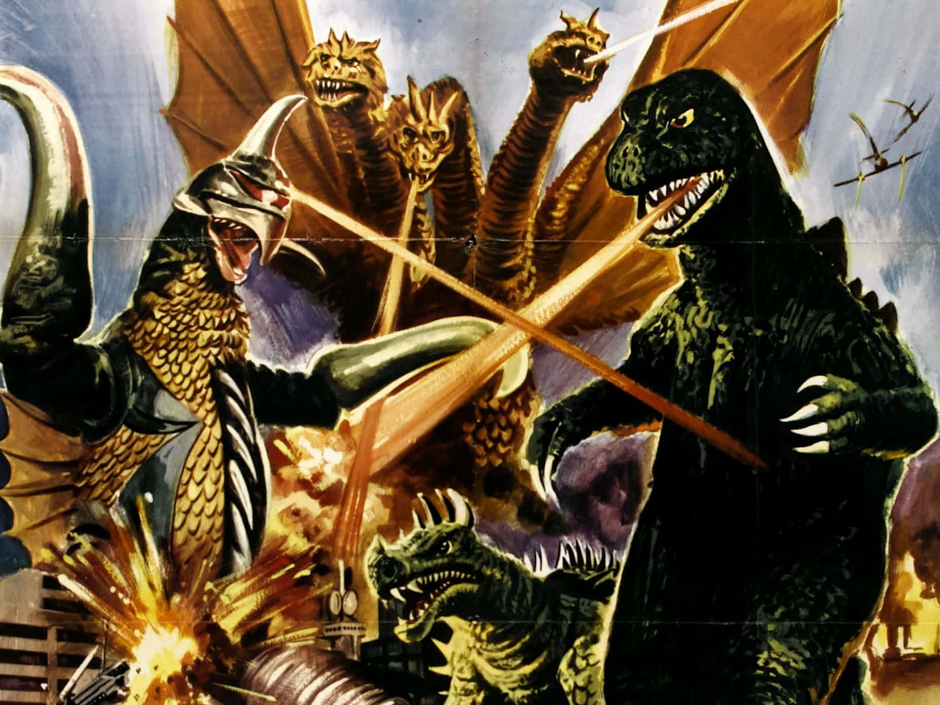 Classic Godzilla 桌布 壁紙 — 哥吉拉在風暴天空下，於熾熱爆炸和崩塌的城市建築物中與多個怪獸戰鬥。