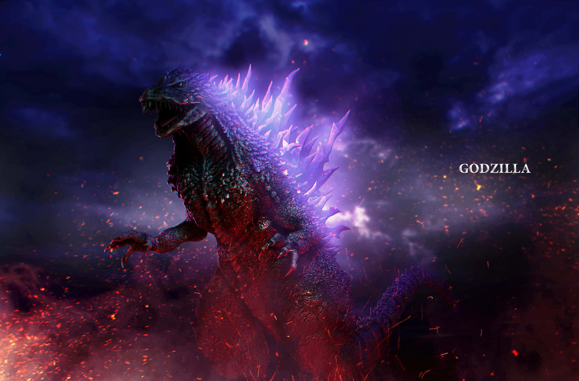 Godzilla 2000 桌布 壁紙 — 哥吉拉在黑暗暴風雨的天空下威風凜凜地站立，發光的紫色背鰭點燃，火花四濺。