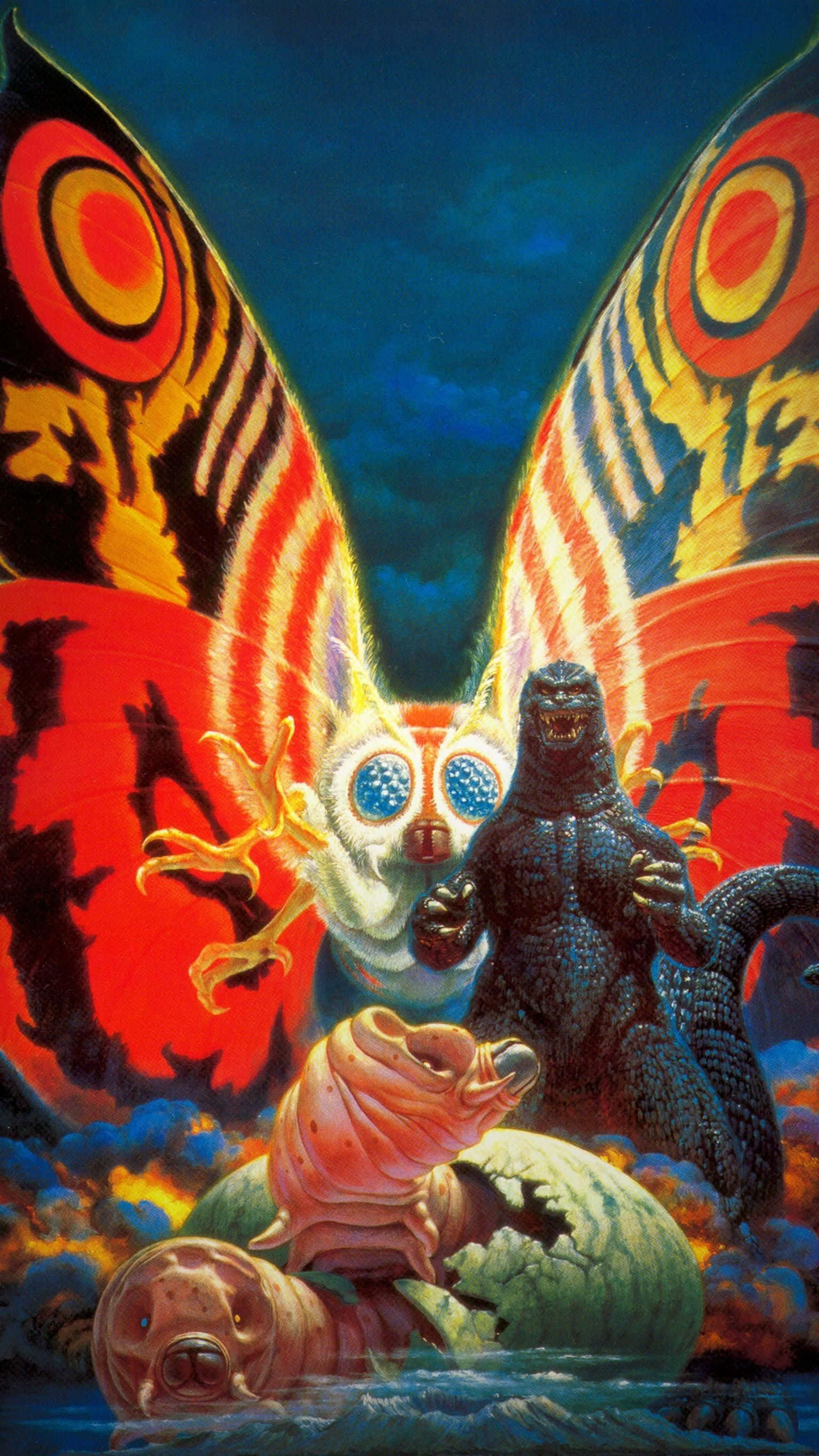 mothra 桌布 壁紙 — 哥吉拉在黑暗的天空下，於一場熾熱的海洋戰鬥中，挑釁地面對一隻巨大的蝴蝶怪物。