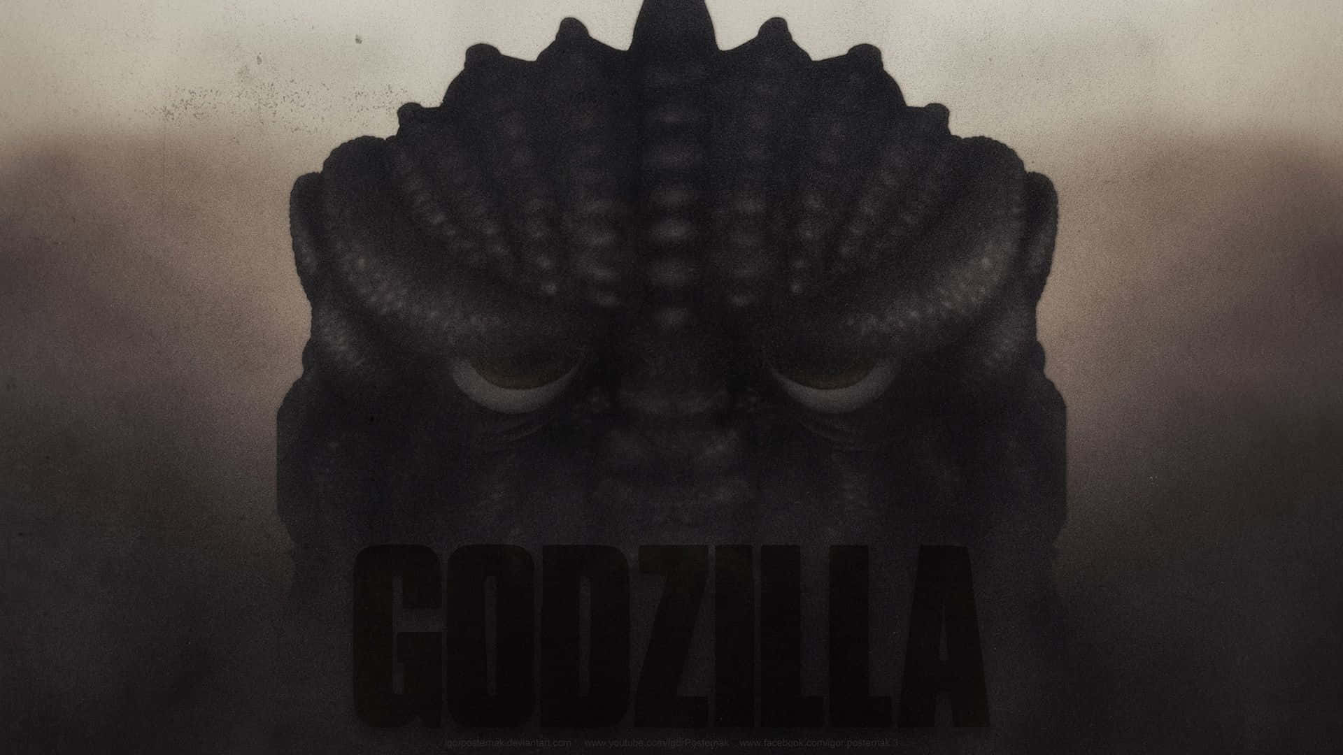 Godzilla 2014 桌布 壁紙 — 哥吉拉帶有紋理的頭部從黑暗迷霧中出現的威脅性特寫，眼睛發光並帶有粗體標題文字。