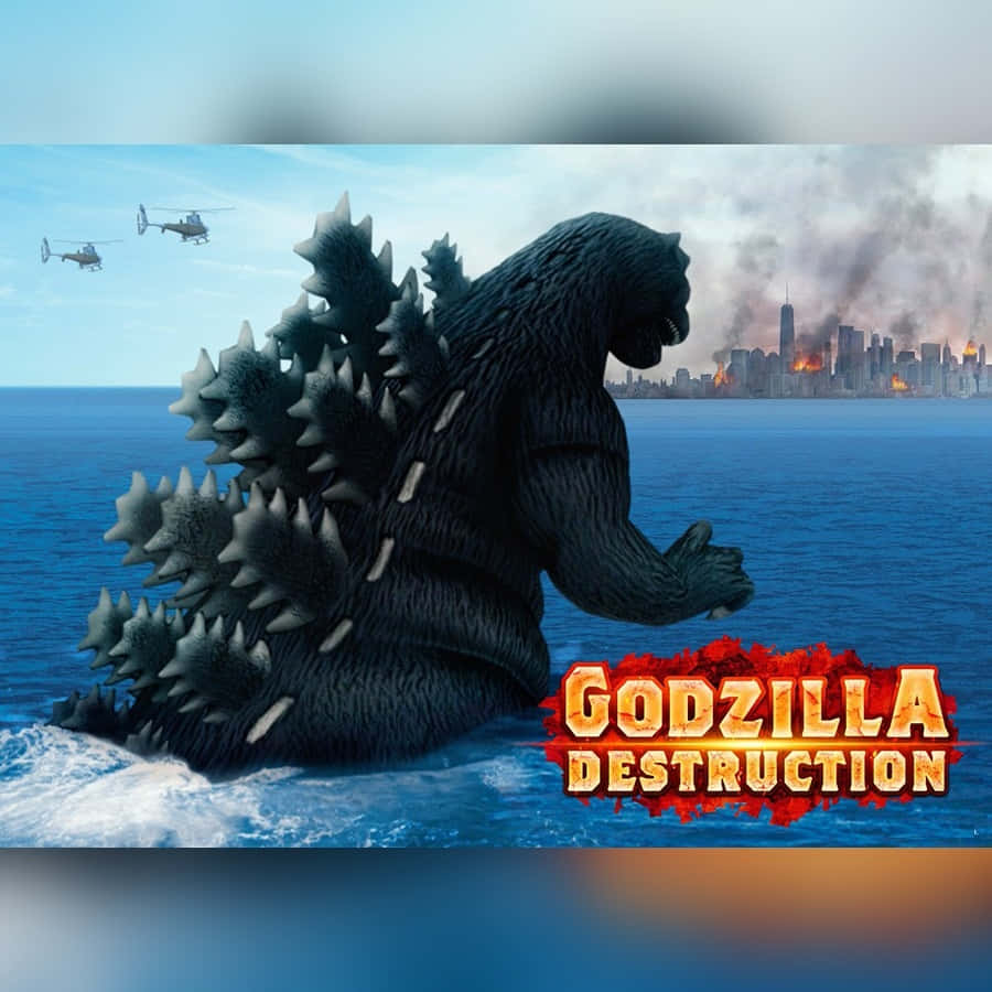 Godzilla City Destruction 桌布 壁紙 — 哥吉拉從海洋中出現，直升機在頭頂飛過，遠處燃燒的城市天際線冒著煙。
