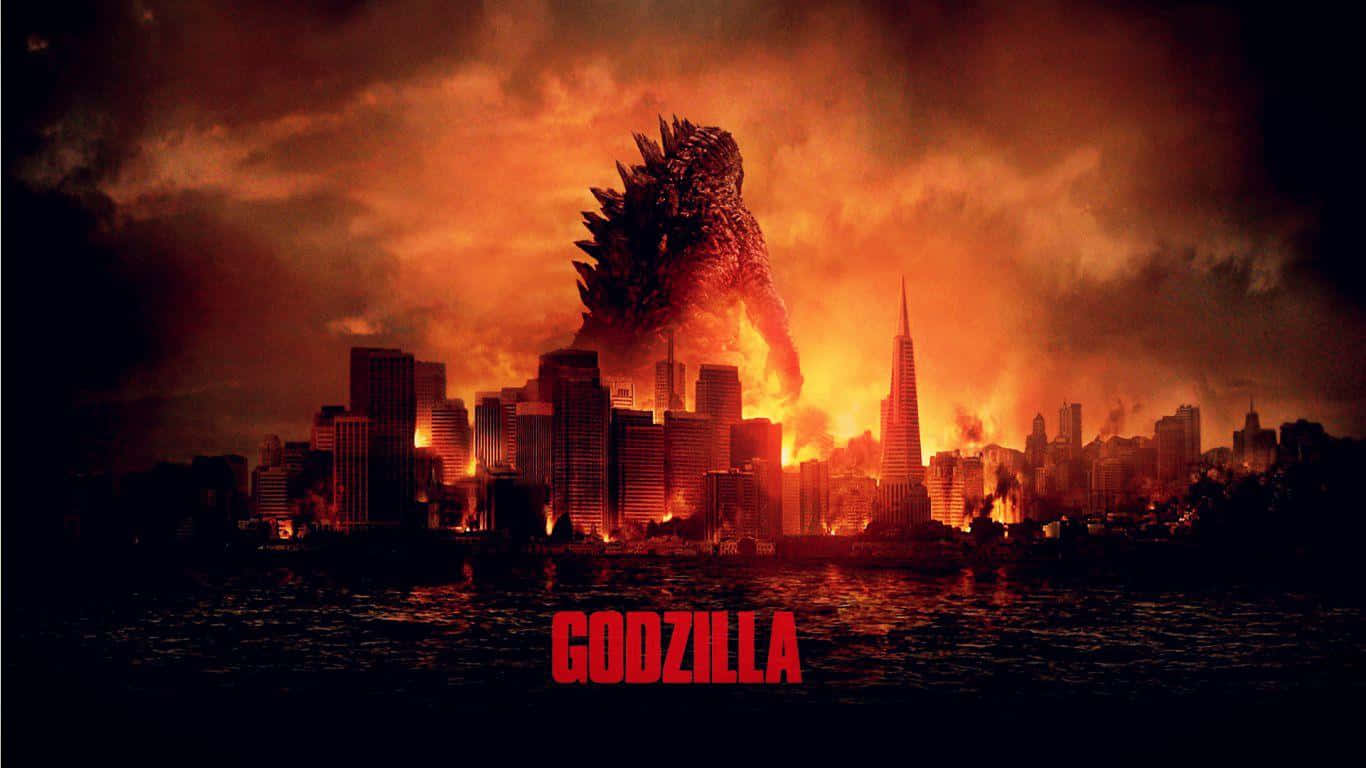 Burning Godzilla 桌布 壁紙 — 哥吉拉從烈焰水域中升起，在血橙色天空下摧毀燃燒的城市天際線。