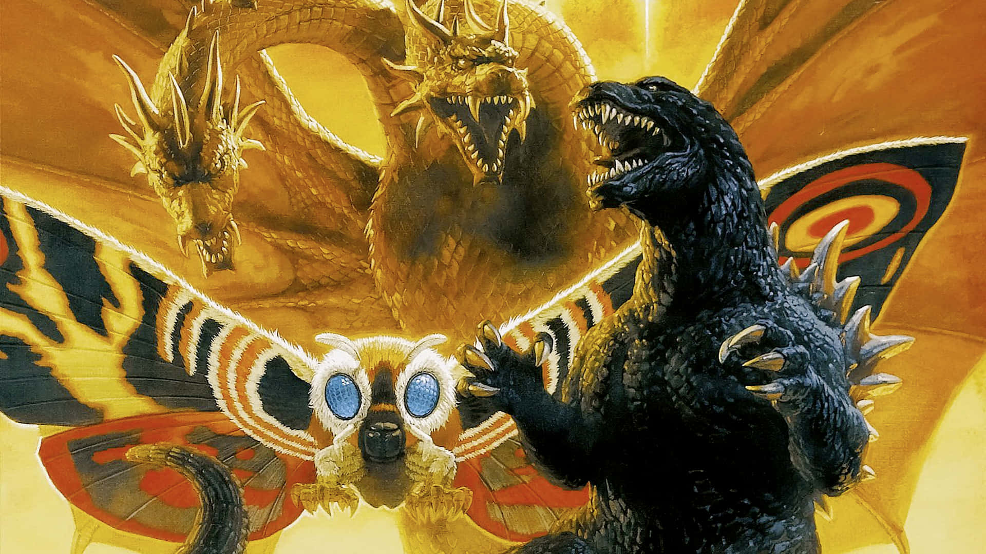 Godzilla Vs Mothra 桌布 壁紙 — 哥吉拉挑釁地咆哮，三隻擁有龍翼和發光眼睛的怪獸級卡美拉在熾熱的金色戰鬥場景中匯聚。