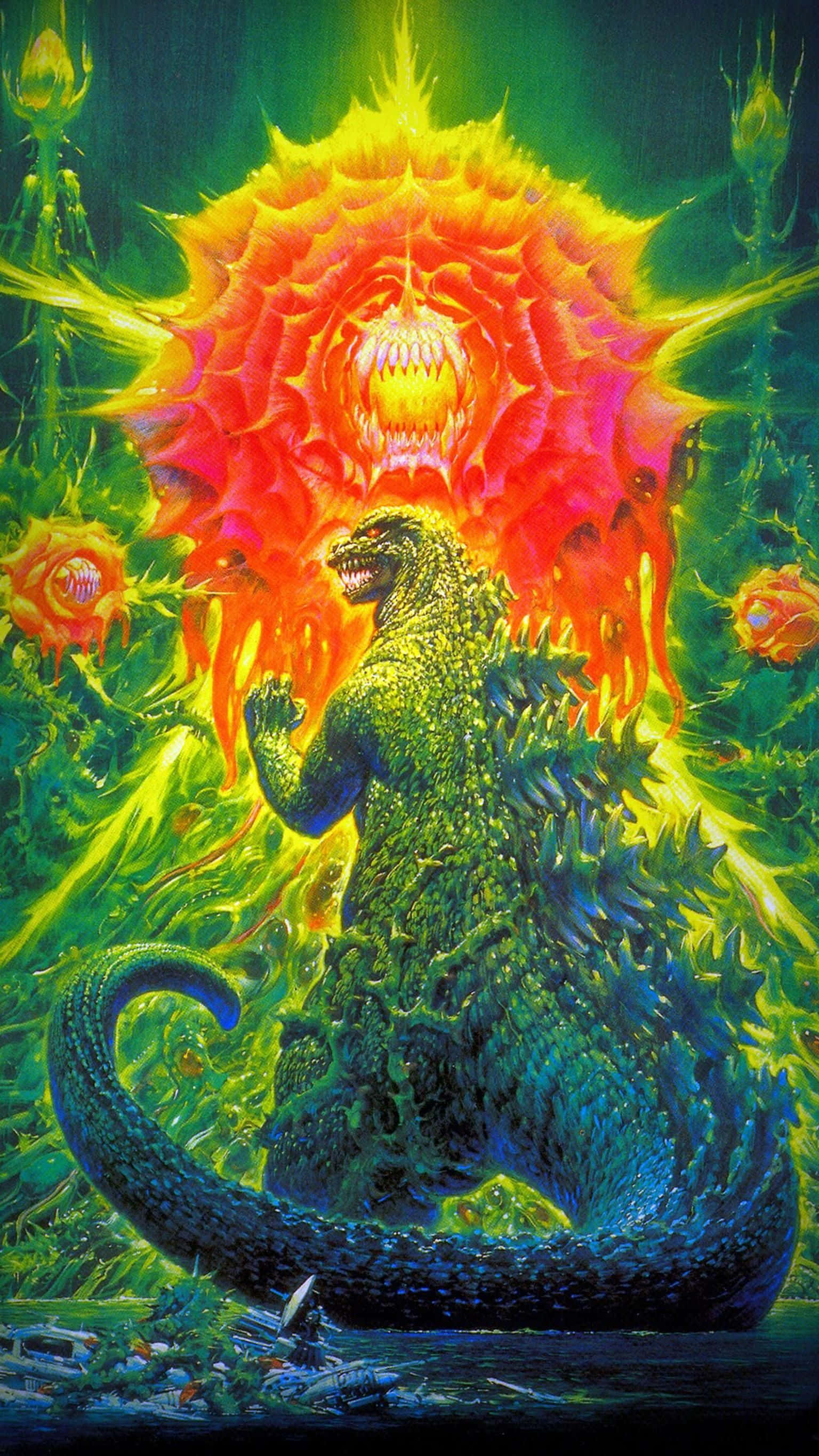 Godzilla Vs Biollante 桌布 壁紙 — 哥吉拉挑釁地站在一朵怪異的火焰花前，花朵有著發光的眼睛和鋸齒狀的花瓣，背景是超現實的霓虹叢林。