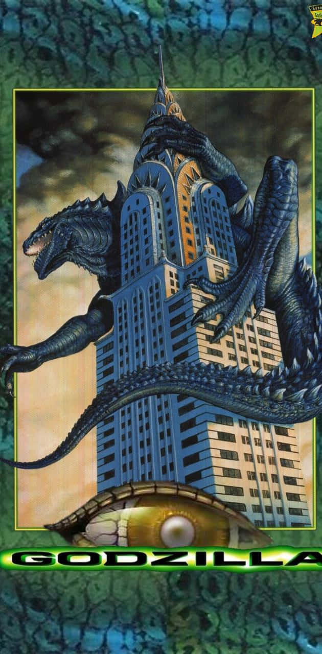 godzilla 1998 桌布 壁紙 — 哥吉拉用巨大的爪和尾巴壓碎摩天大樓，下方有一隻巨大的眼睛在發光。