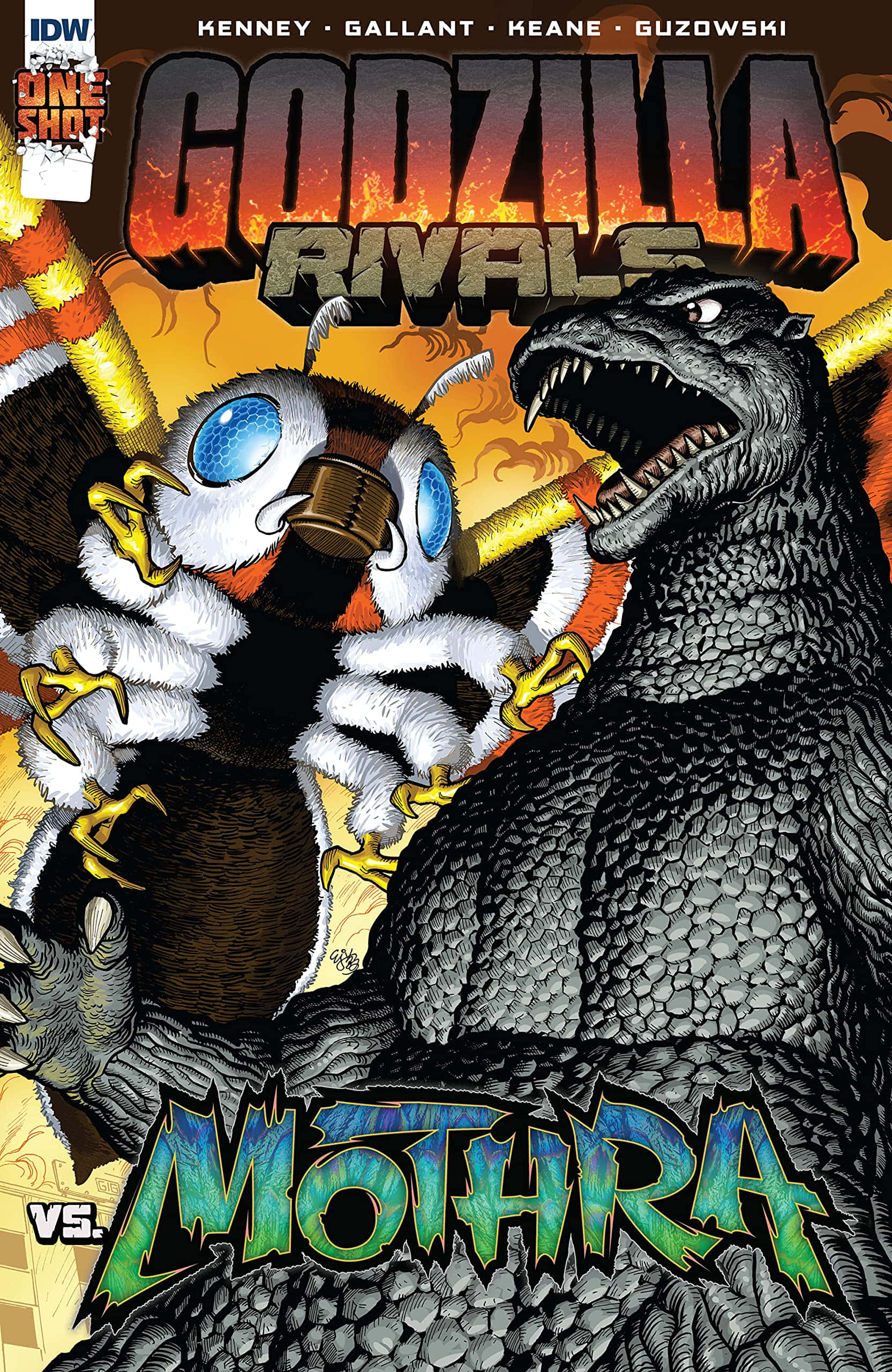 Godzilla Vs Mothra 桌布 壁紙 — 哥吉拉發出威脅性的咆哮，而摩斯拉則以發光的藍色眼睛和金色角，在熾熱的戰鬥場景中挑釁地站立。