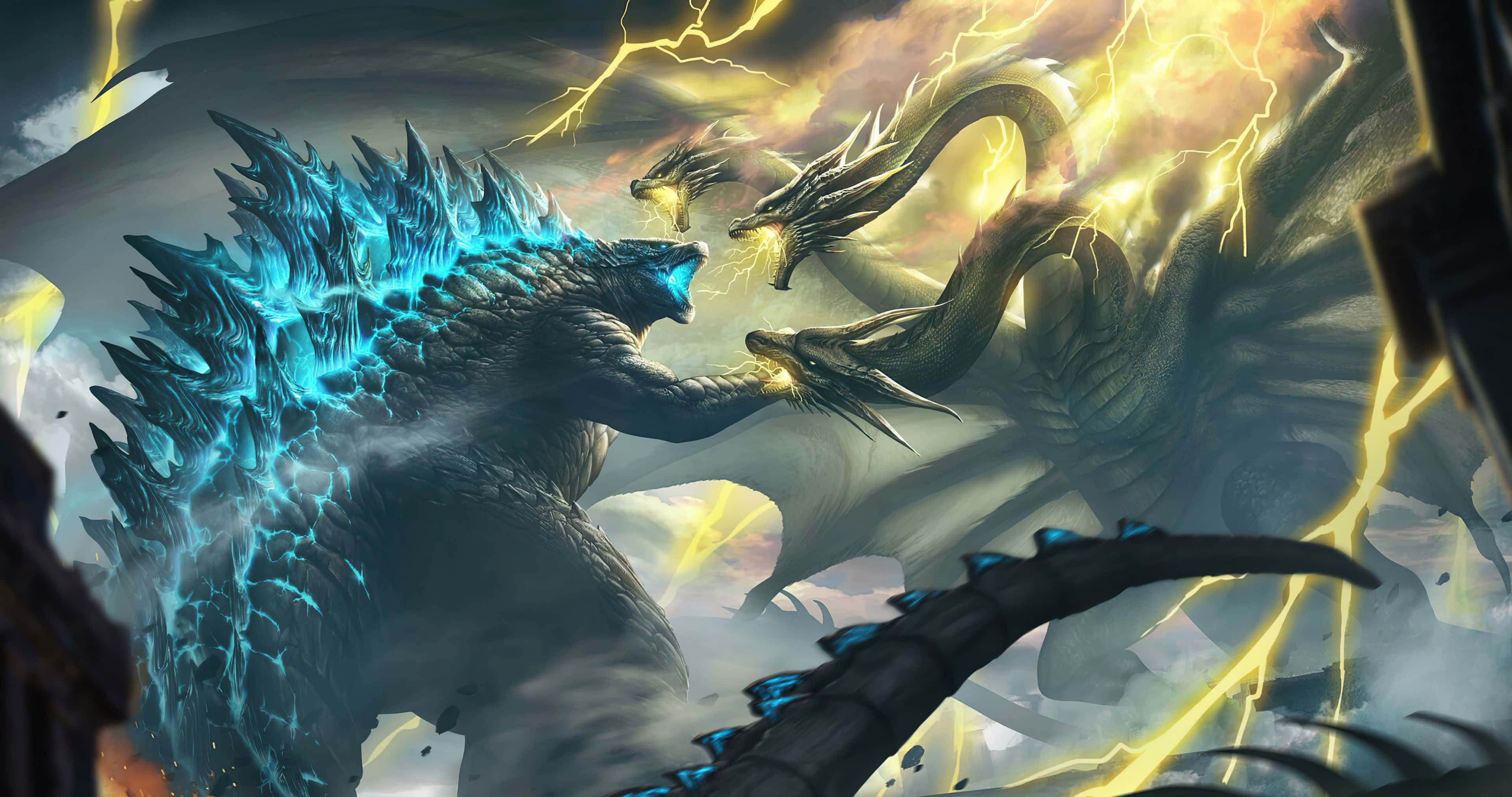 King Ghidorah 桌布 壁紙 — 哥吉拉發出藍色光芒的脊背在黃色閃電風暴和破碎的城市景觀中與三頭龍戰鬥。