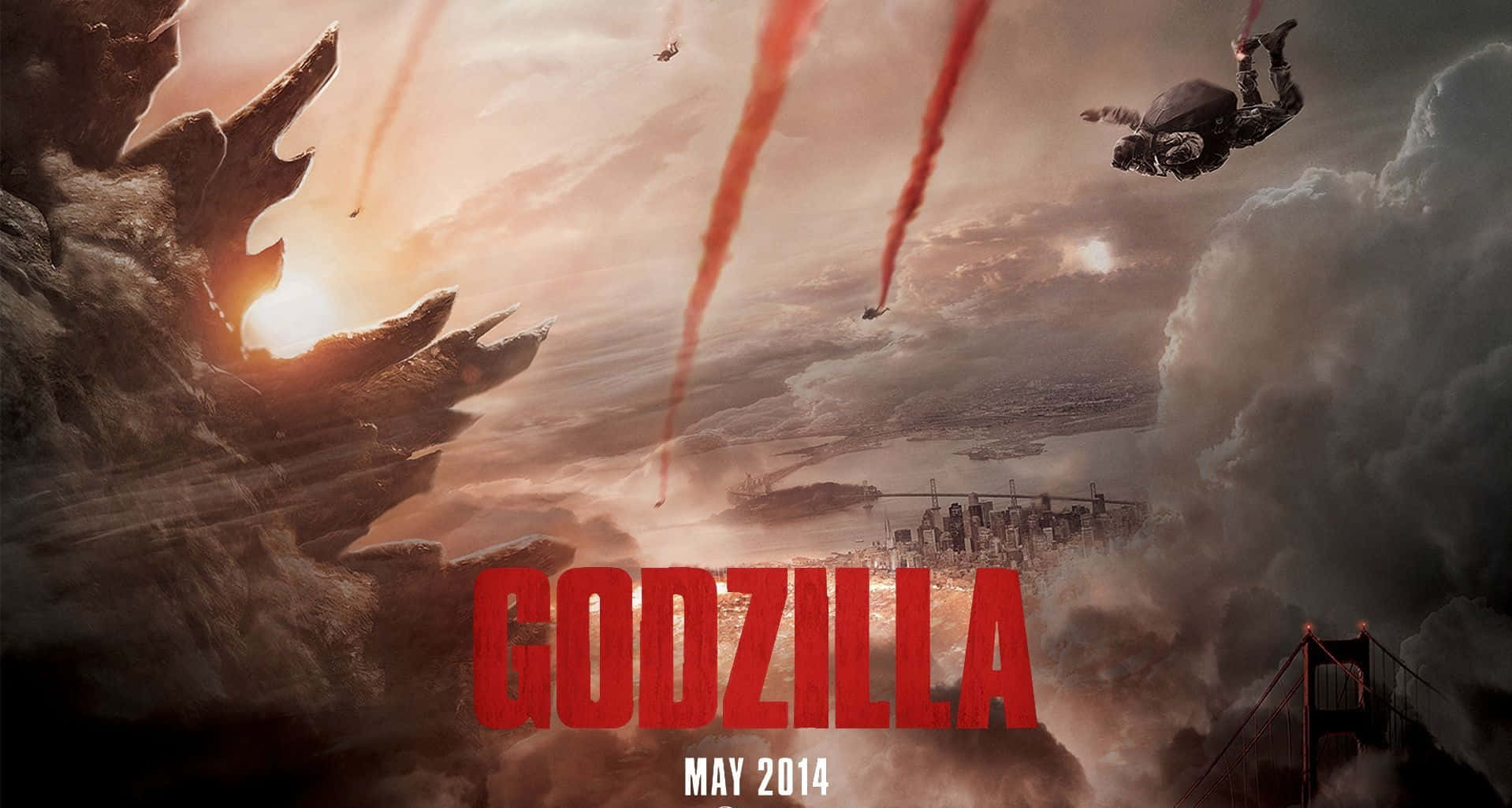 Godzilla 2014 桌布 壁紙 — 哥吉拉的巨大頭顱籠罩著城市，戰鬥機在煙霧和火焰中穿梭。