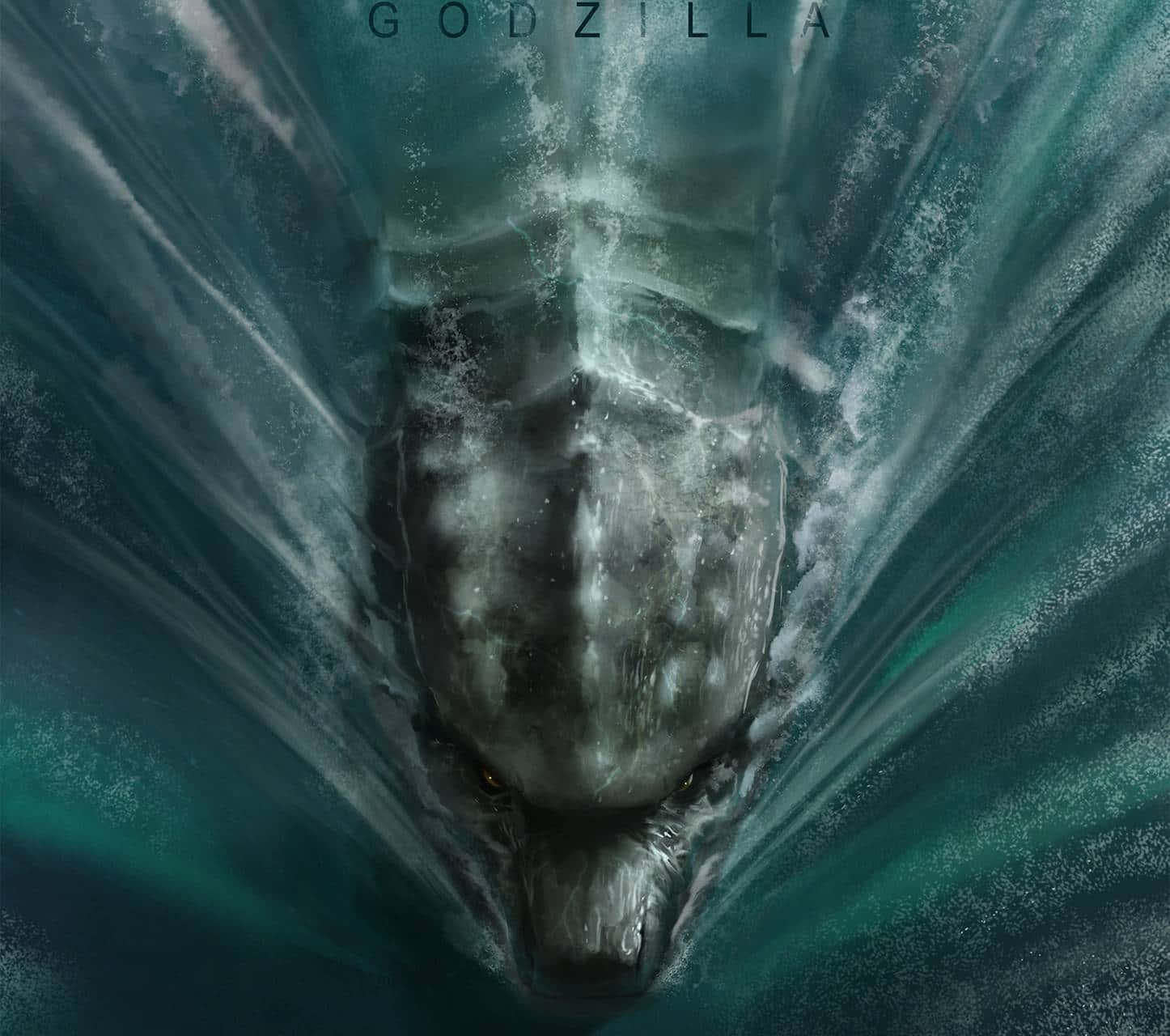 Godzilla 2014 桌布 壁紙 — 哥吉拉的巨大頭顱衝破洶湧的藍綠色水面，發光的眼睛向下凝視。