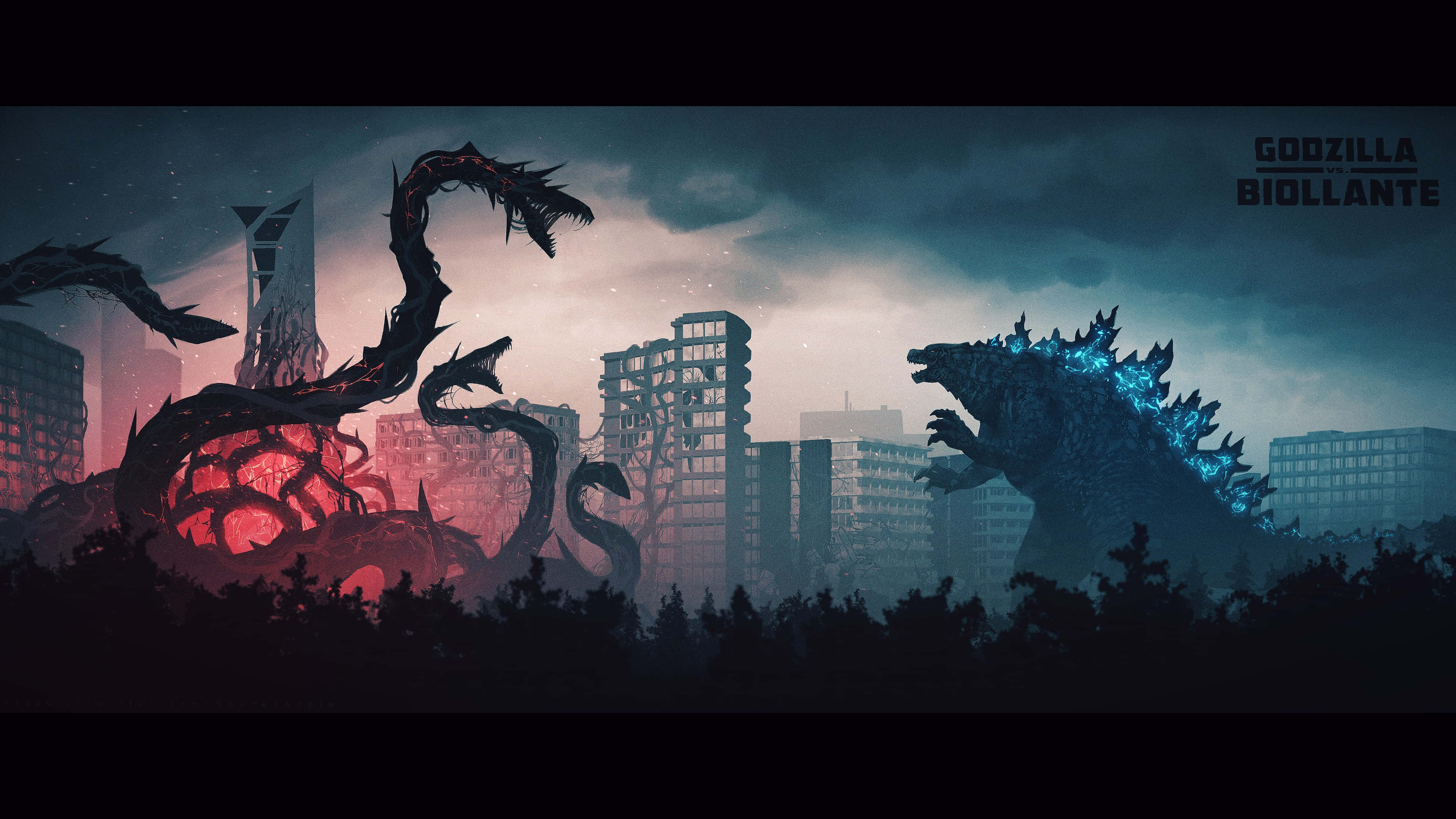 Godzilla Vs Biollante 桌布 壁紙 — 哥吉拉碧奧蘭蒂矗立在廢墟城市景觀中，一個帶有發光紅色核心和黑暗藤蔓的怪異植物生物從地面升起。