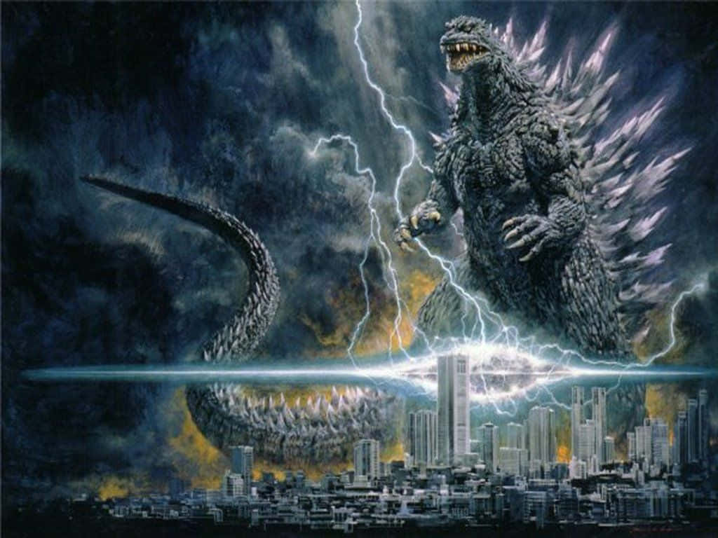 Godzilla Art 桌布 壁紙 — 哥吉拉站在城市上空，閃電在他周圍劈下，他帶刺的背部在暴風雨的天空下閃閃發光。