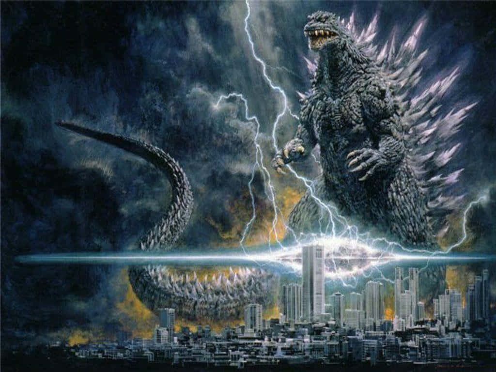 Burning Godzilla 桌布 壁紙 — 哥吉拉站在城市上空，閃電在他周圍劈下，他帶刺的背在暴風雨的天空下閃閃發光。